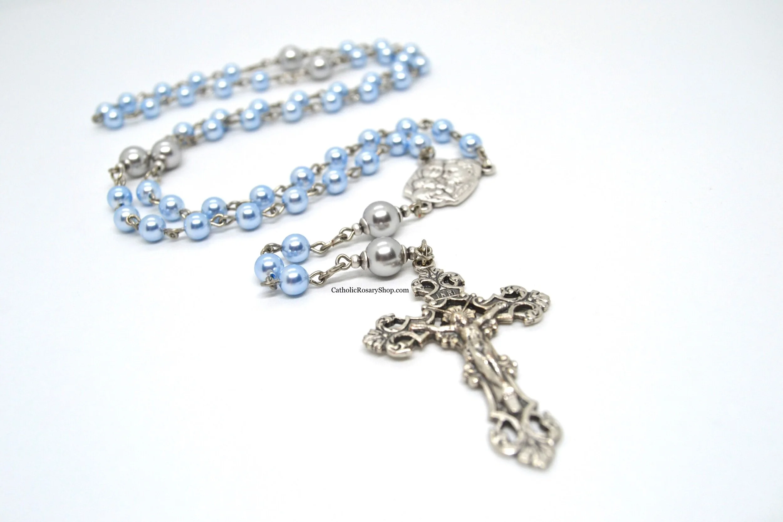 Light Blue and Gray Genuine Crystal Pearl Rosary