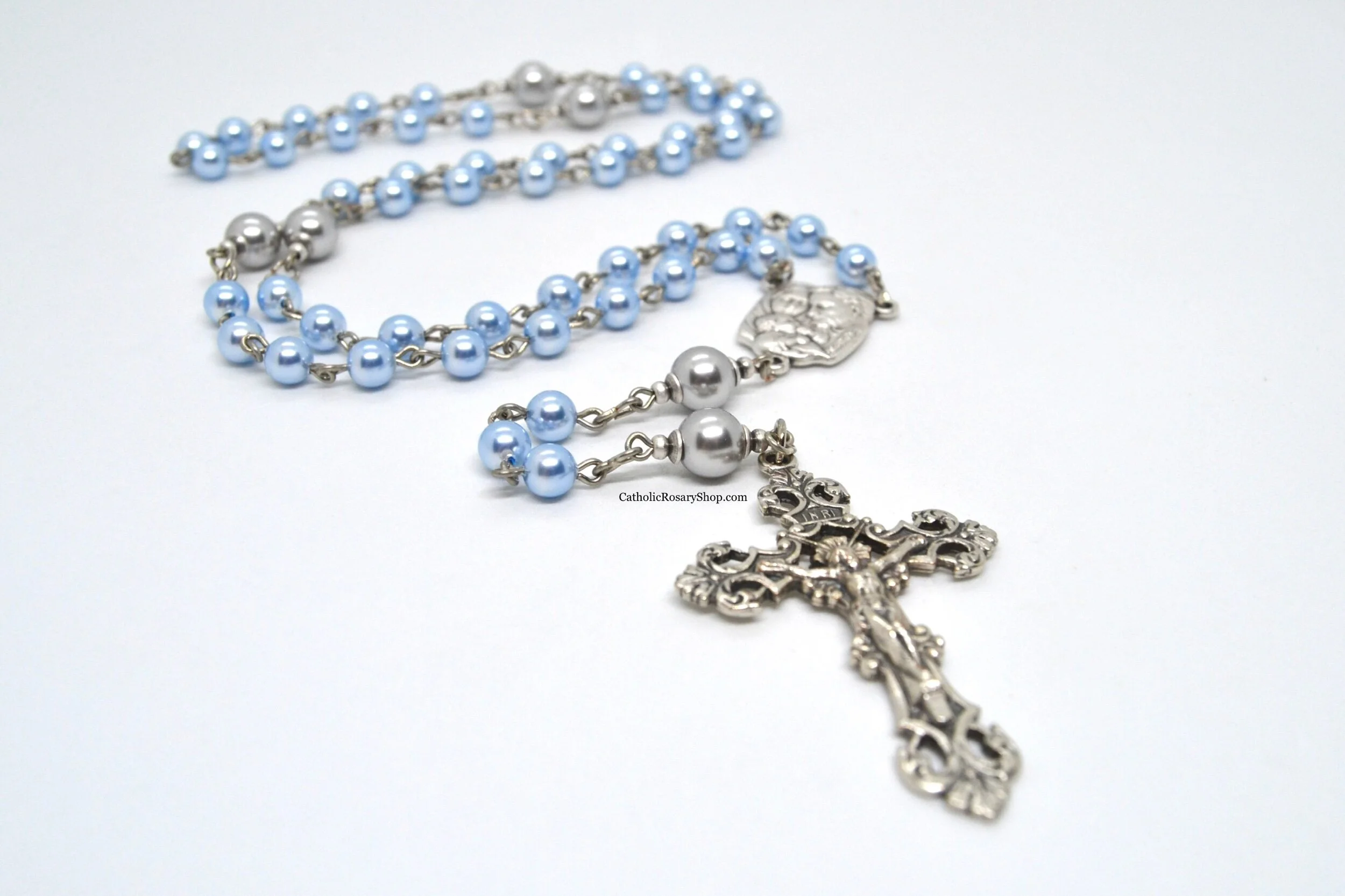 Boy's Light Blue and Gray Pearl Rosary | Personalized Rosary Gifts for Boy's Baptism, First Communion or Confirmation | CatholicRosaryShop.com