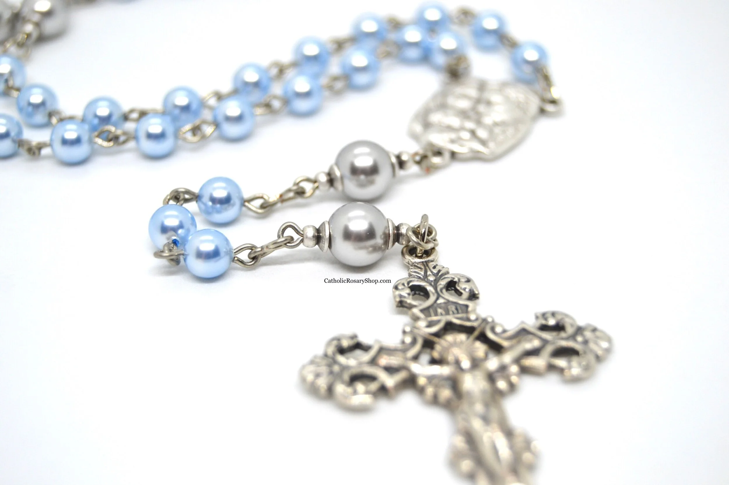 Boy's Light Blue and Gray Pearl Rosary | Personalized Rosary Gifts for Boy's Baptism, First Communion or Confirmation | CatholicRosaryShop.com