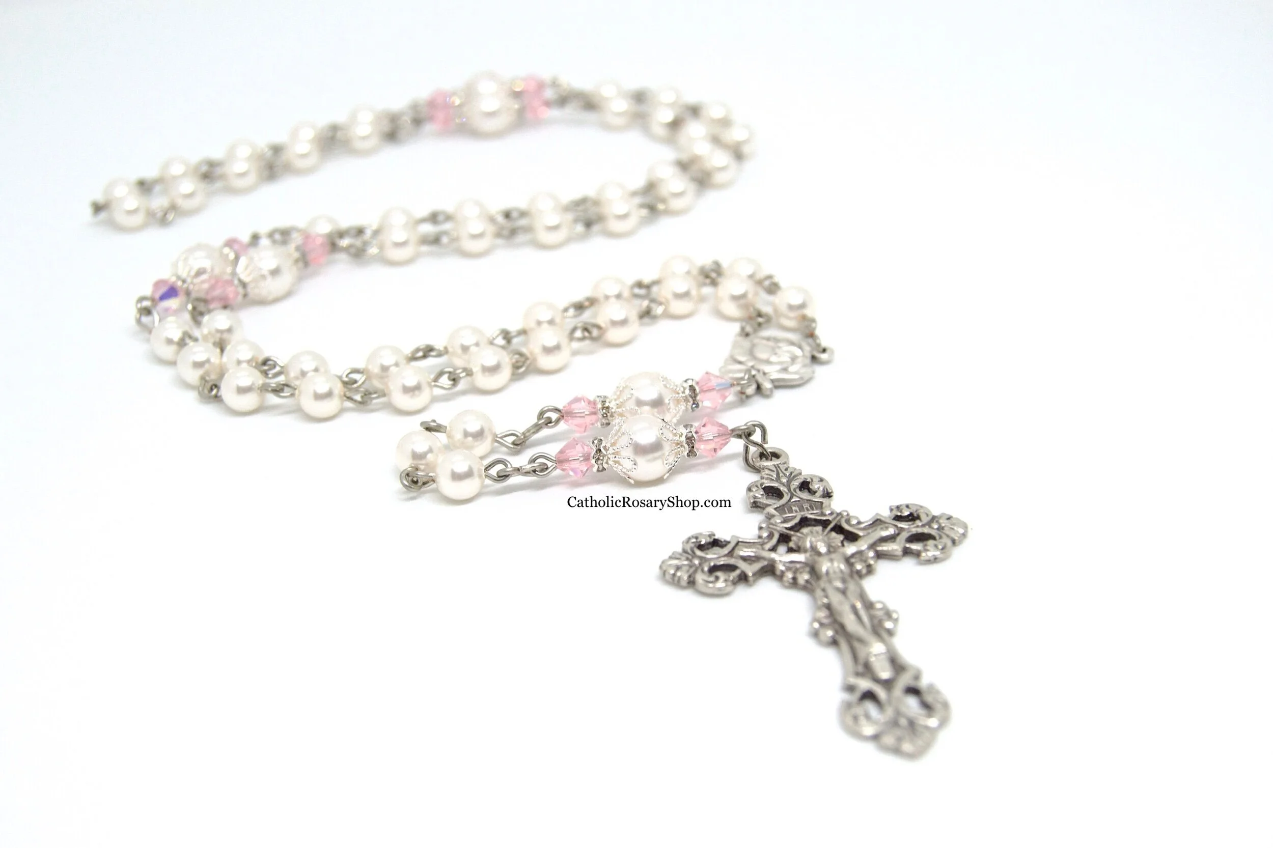 Light Pink Crystal and White Pearl Rosary | Personalized Rosary for Women and Girls | Rosary Gifts for Baptism, First Communion or Confirmation