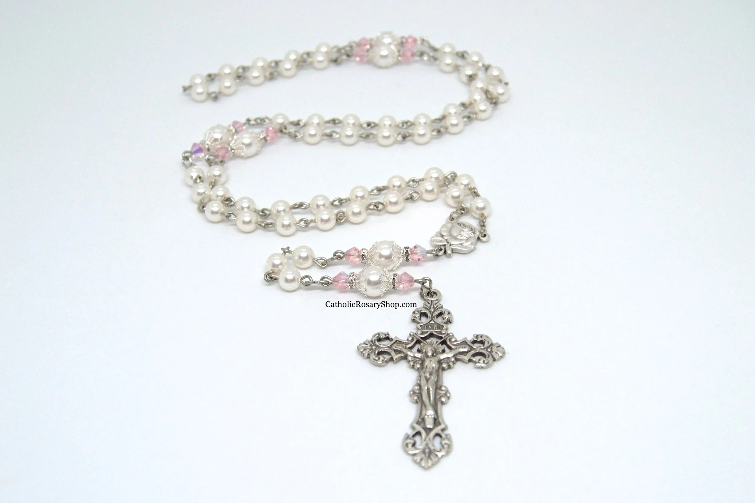 Light Pink Crystal and White Pearl Rosary | Personalized Rosary for Women and Girls | Rosary Gifts for Baptism, First Communion or Confirmation