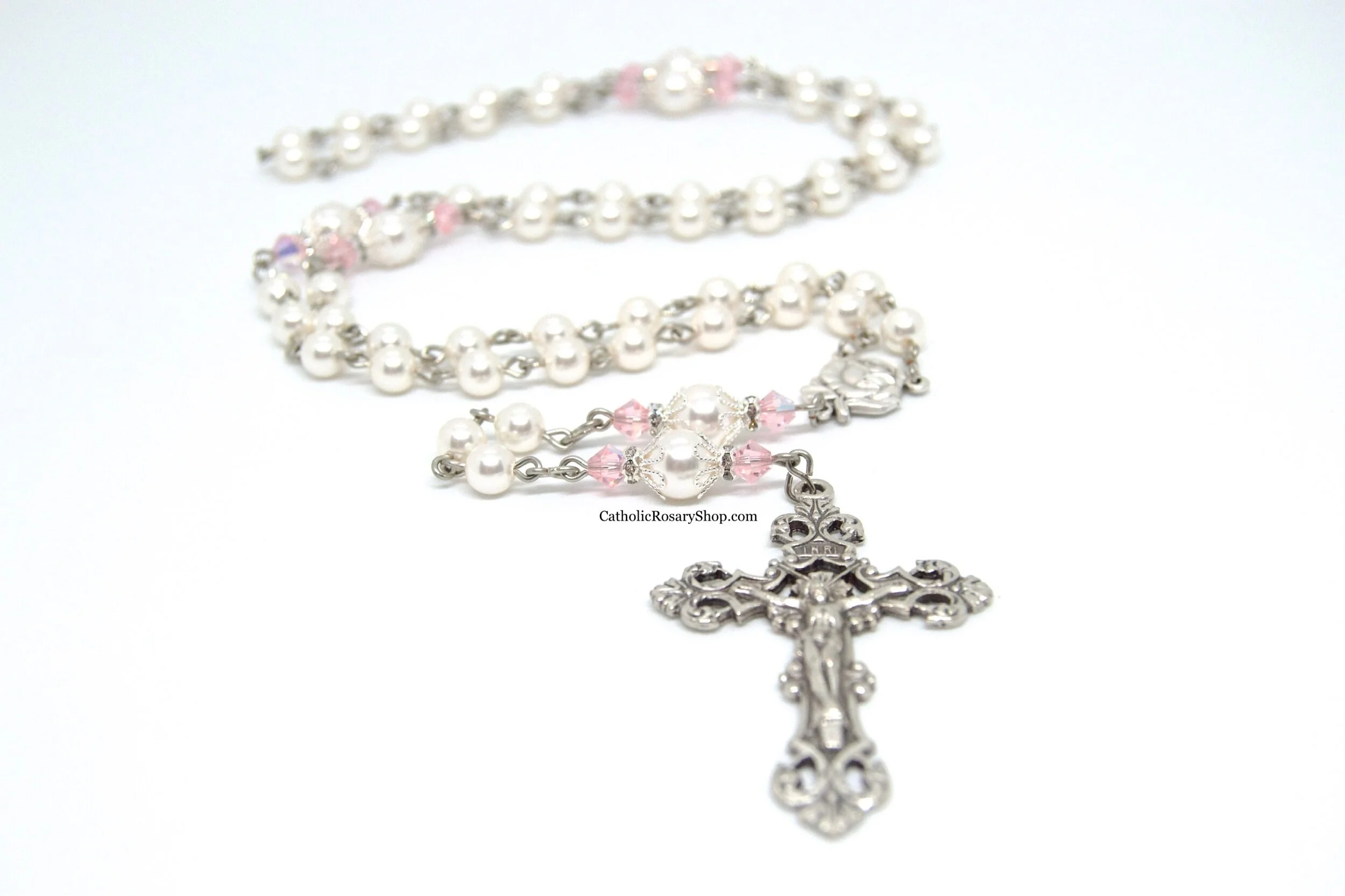 Light Pink Crystal and White Pearl Rosary | Personalized Rosary for Women and Girls | Rosary Gifts for Baptism, First Communion or Confirmation