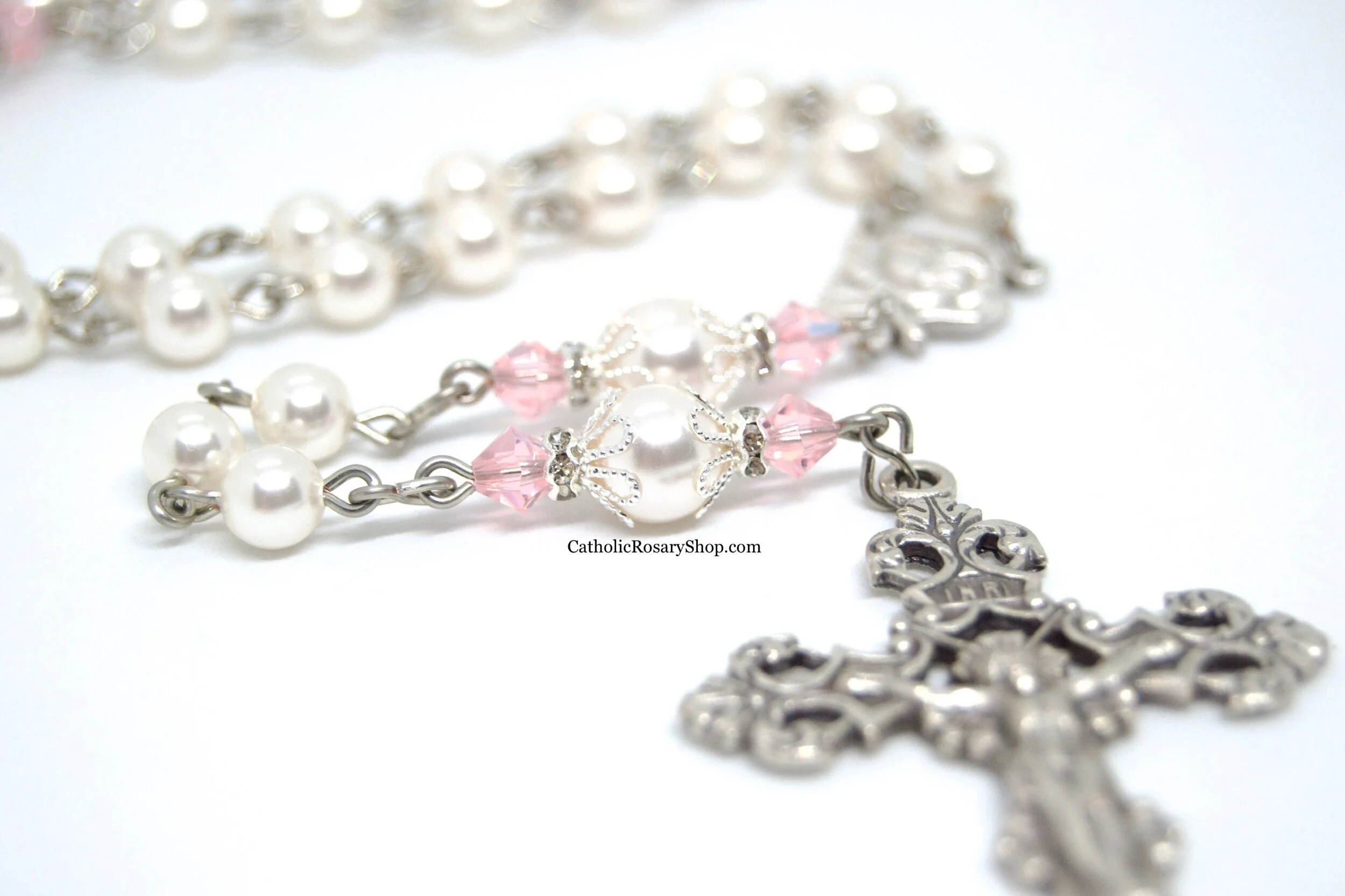 Light Pink Crystal and White Pearl Rosary | Personalized Rosary for Women and Girls | Rosary Gifts for Baptism, First Communion or Confirmation