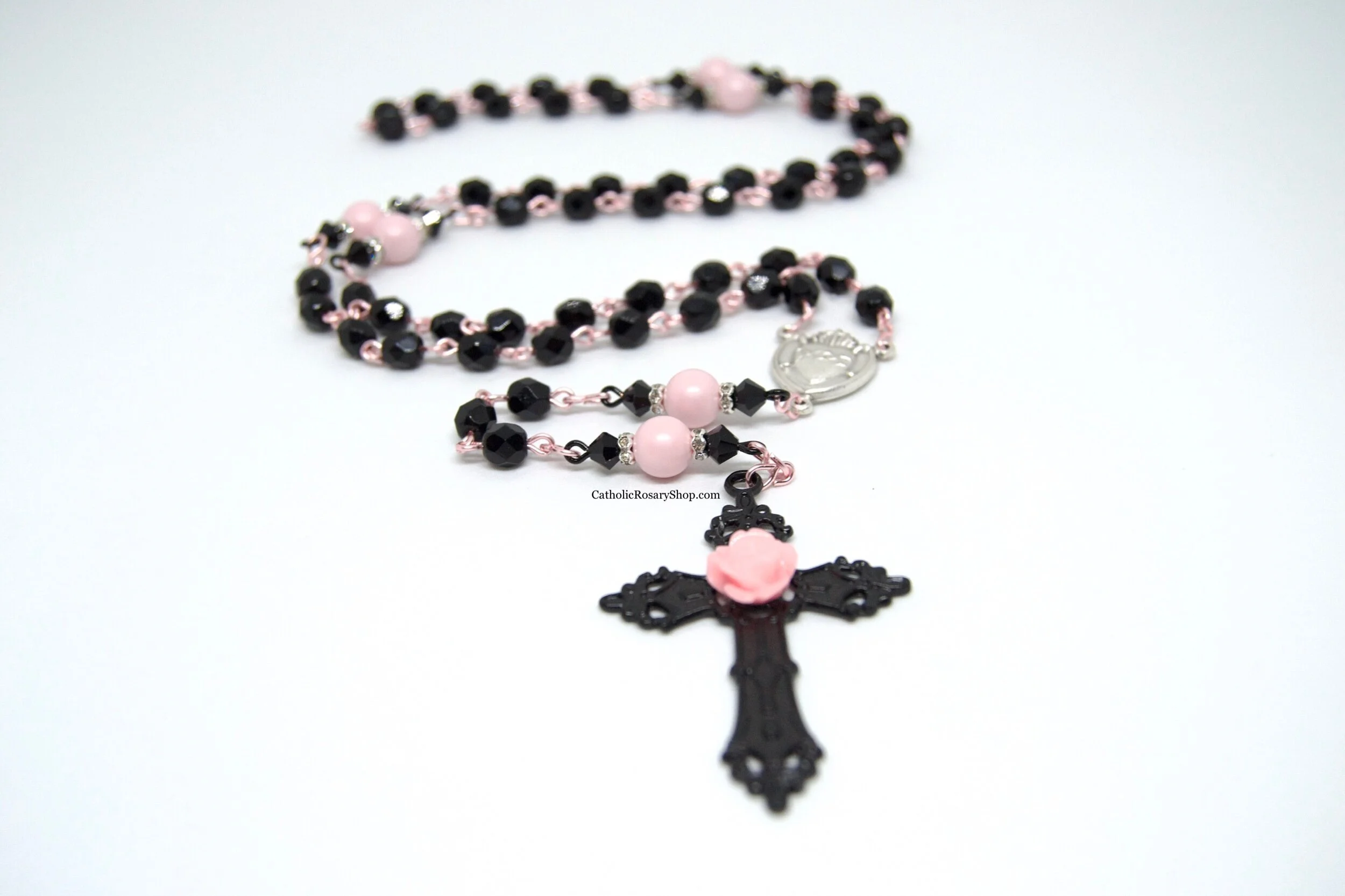 Black and Pastel Pink Crystal and Pearl Day of the Dead Rosary | Authentic Austrian Crystal Rosary | Personalized Rosary Gifts | CatholicRosaryShop.com