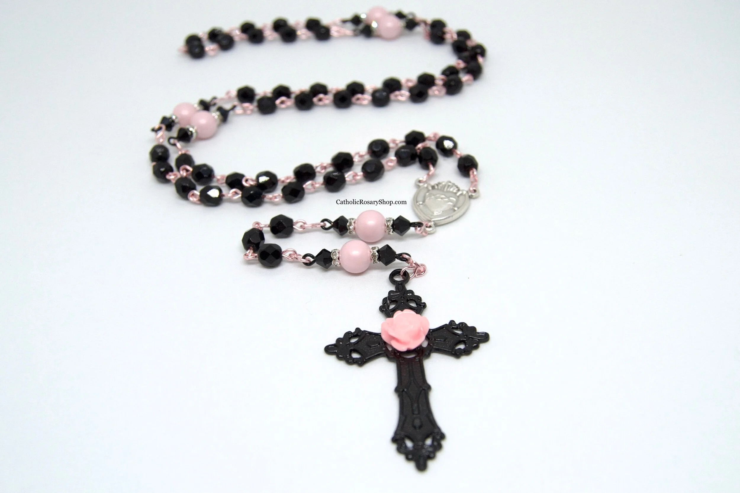 Black and Pastel Pink Crystal and Pearl Day of the Dead Rosary | Authentic Austrian Crystal Rosary | Personalized Rosary Gifts | CatholicRosaryShop.com