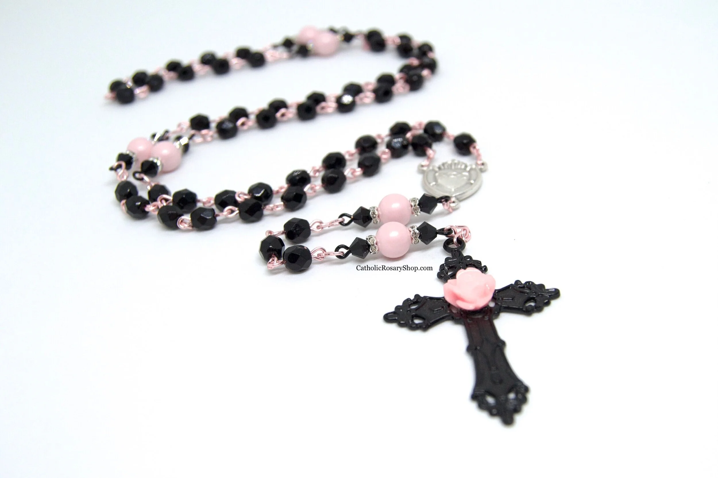 Black and Pastel Pink Crystal and Pearl Rosary | Day of the Dead Rosary