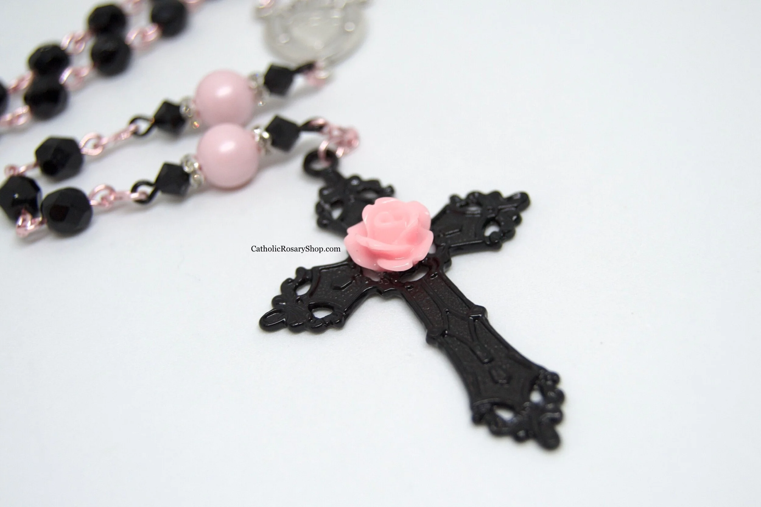 Black and Pastel Pink Crystal and Pearl Day of the Dead Rosary | Authentic Austrian Crystal Rosary | Personalized Rosary Gifts | CatholicRosaryShop.com