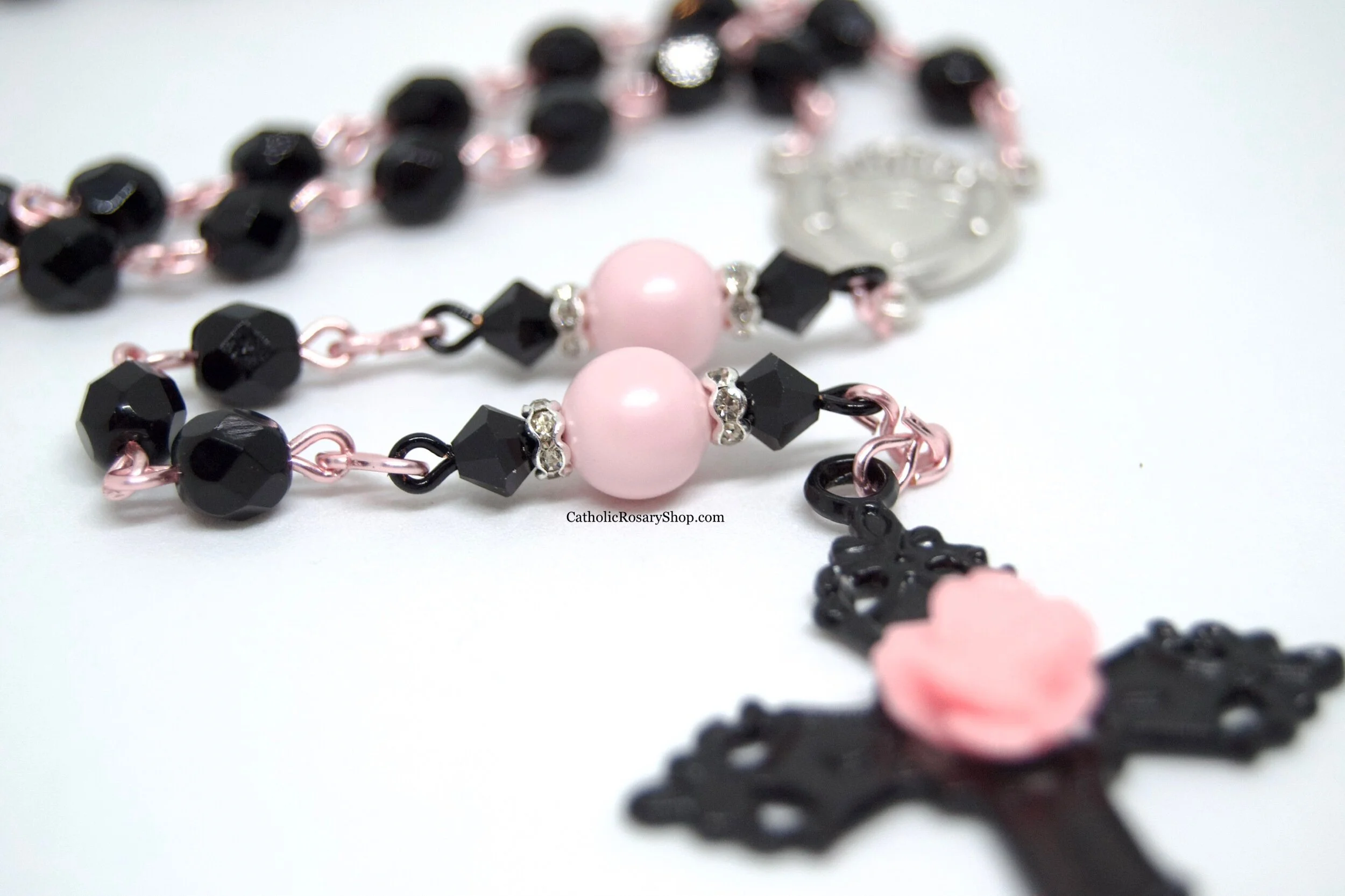 Black and Pastel Pink Crystal and Pearl Day of the Dead Rosary | Authentic Austrian Crystal Rosary | Personalized Rosary Gifts | CatholicRosaryShop.com