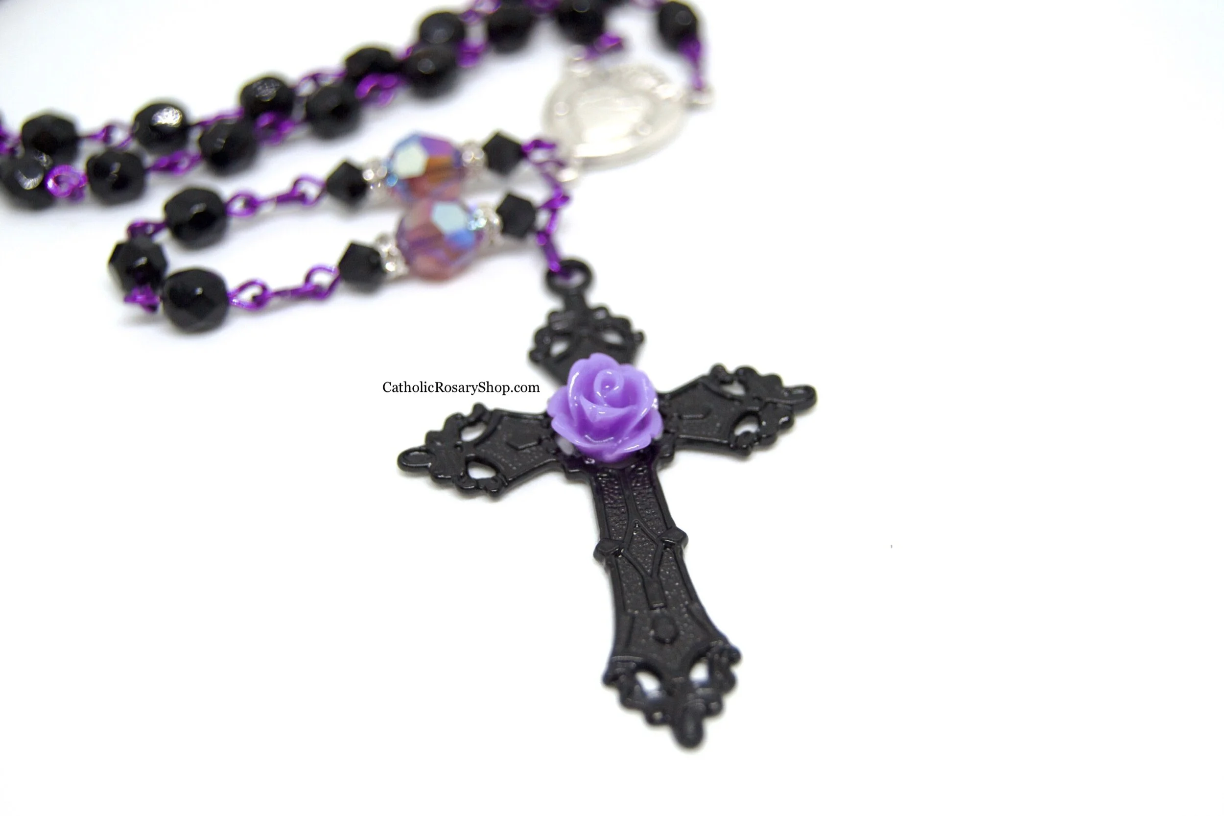 Black and Purple Shimmer Crystal Rosary | Day of the Dead Rosary | Personalized Rosary Gifts | Handmade Rosary Gifts
