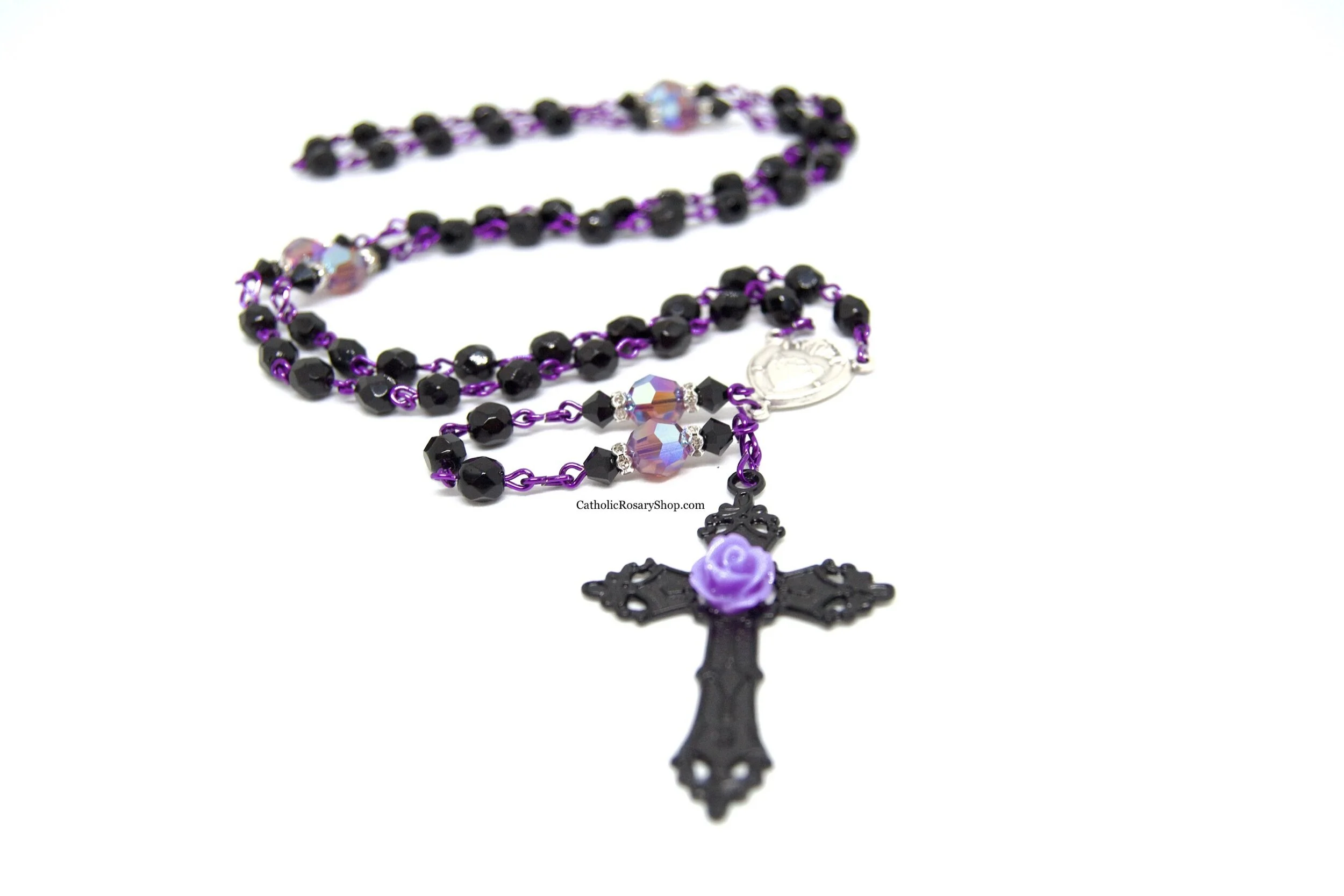 Black and Purple Shimmer Crystal Rosary | Day of the Dead Rosary | Personalized Rosary Gifts | Handmade Rosary Gifts