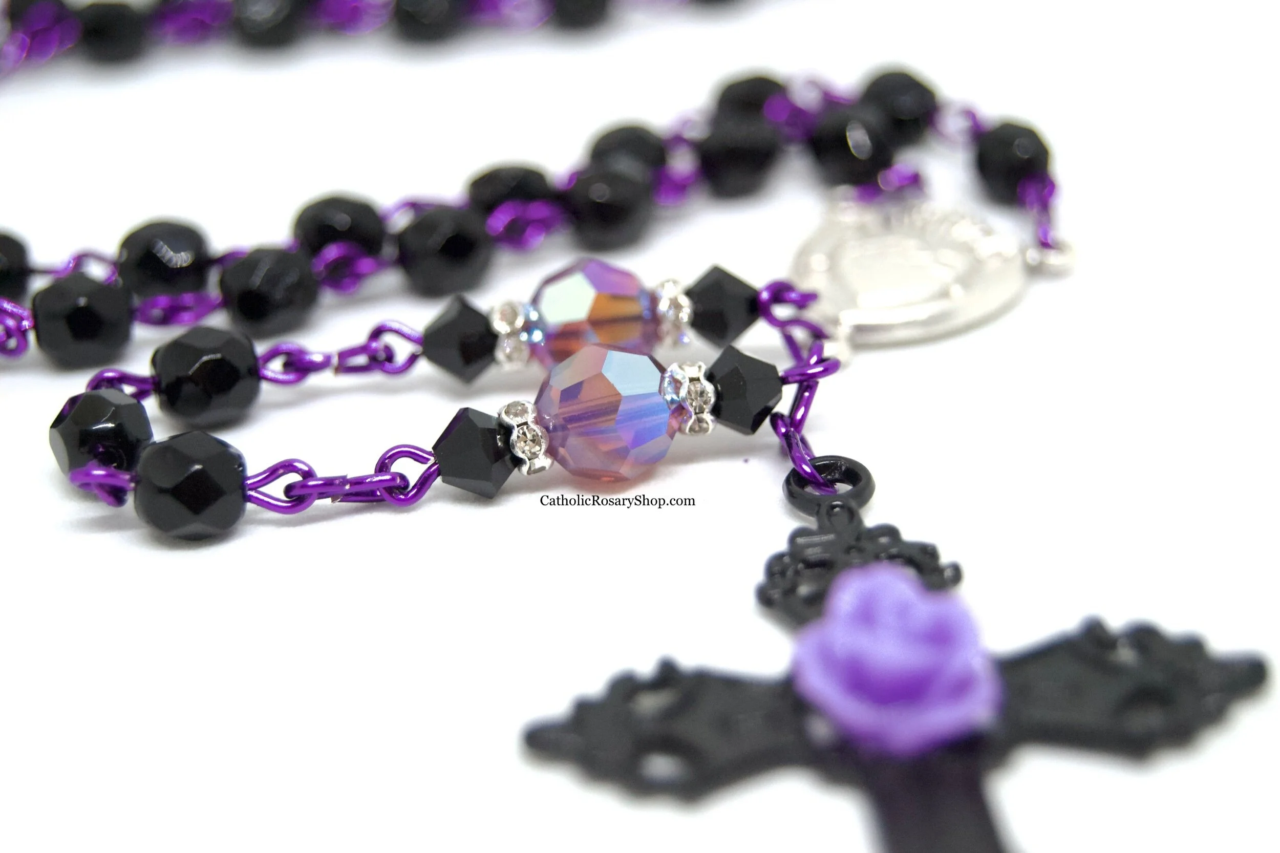 Black and Purple Shimmer Crystal Rosary | Day of the Dead Rosary | Personalized Rosary Gifts | Handmade Rosary Gifts