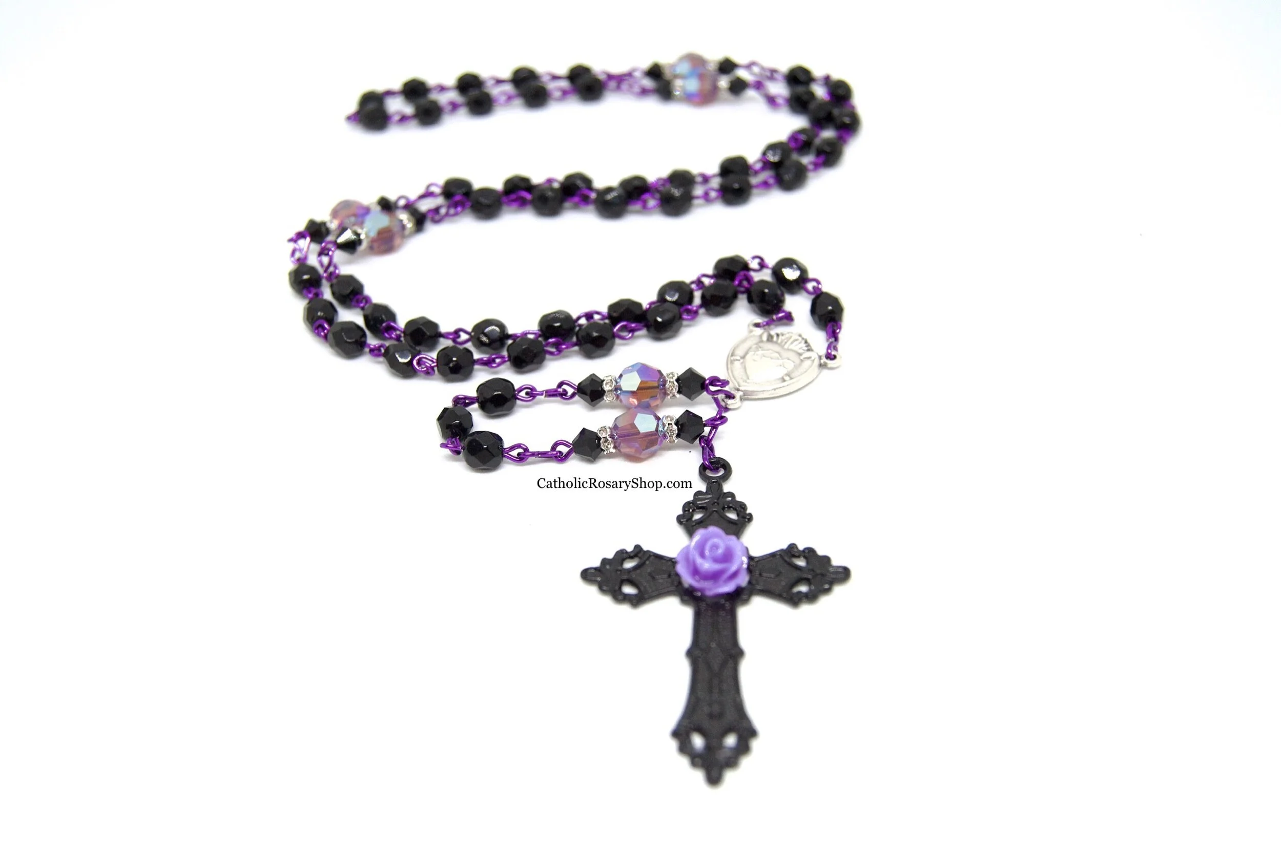 Black and Purple Shimmer Crystal Rosary | Day of the Dead Rosary | Personalized Rosary Gifts | Handmade Rosary Gifts