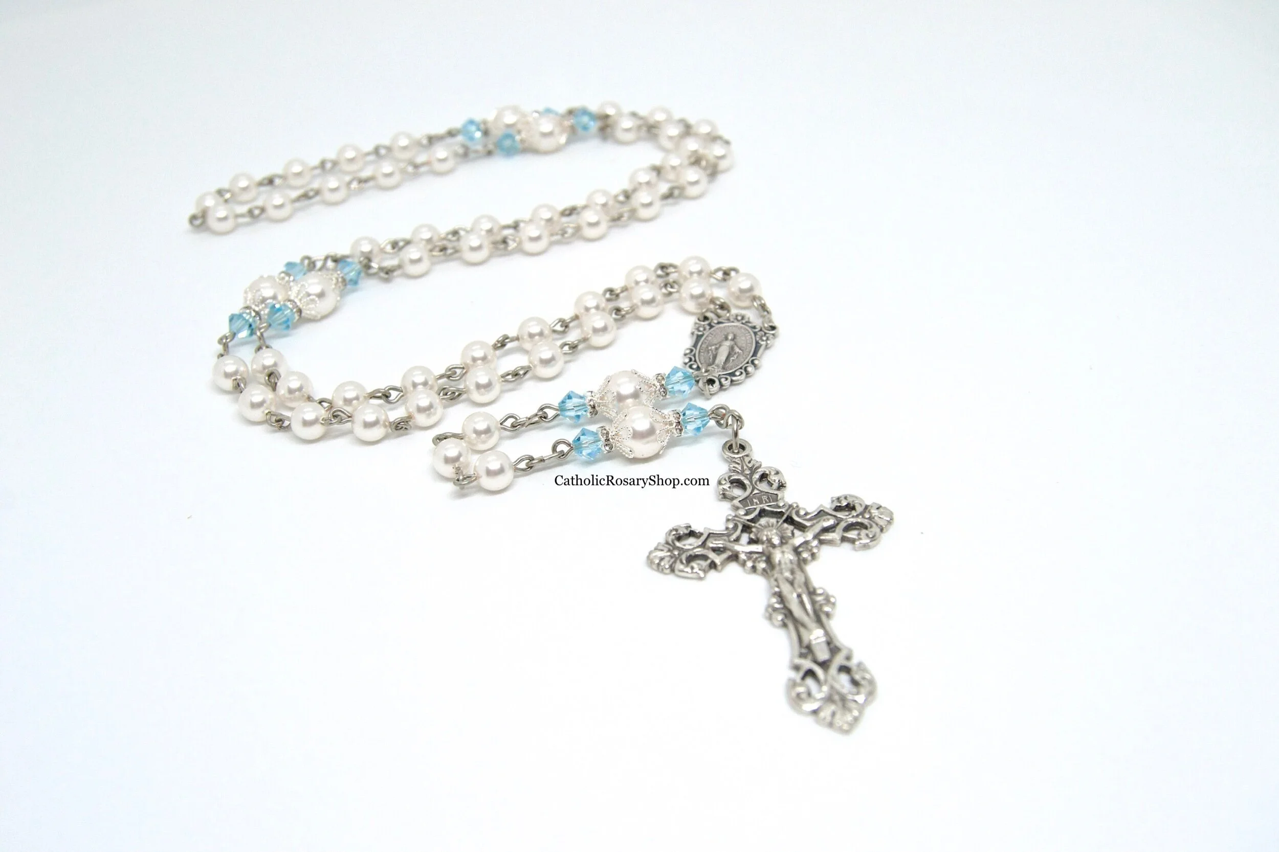 Aquamarine and White Pearl Rosary | Personalized March Birthstone Rosaries | Custom Aquamarine Rosary Gifts