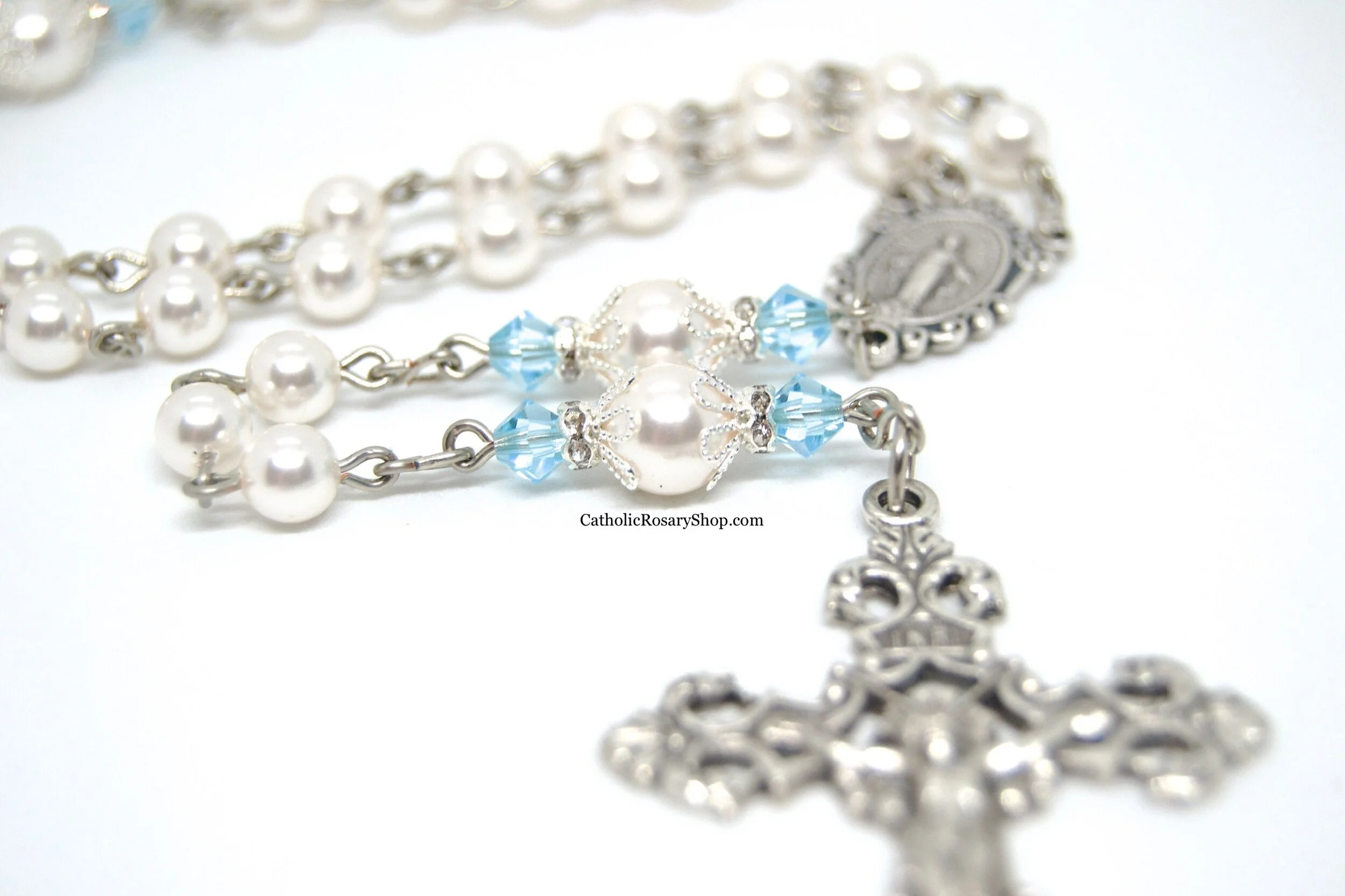Aquamarine and White Pearl Rosary | March Birthstone Rosary