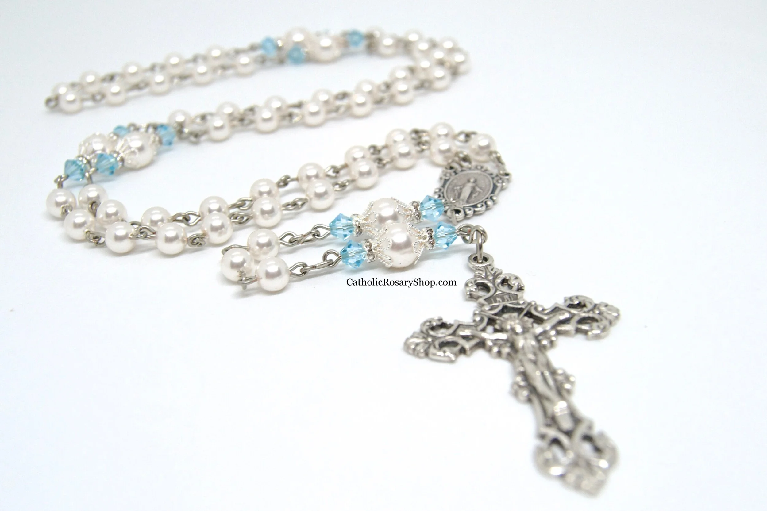 Aquamarine and White Pearl Rosary | Personalized March Birthstone Rosaries | Custom Aquamarine Rosary Gifts