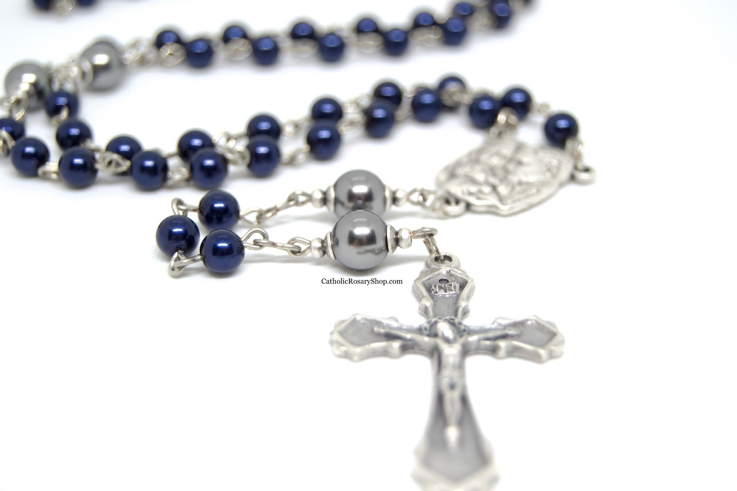 Navy Blue and Dark Gray Genuine Glass Pearl Rosary