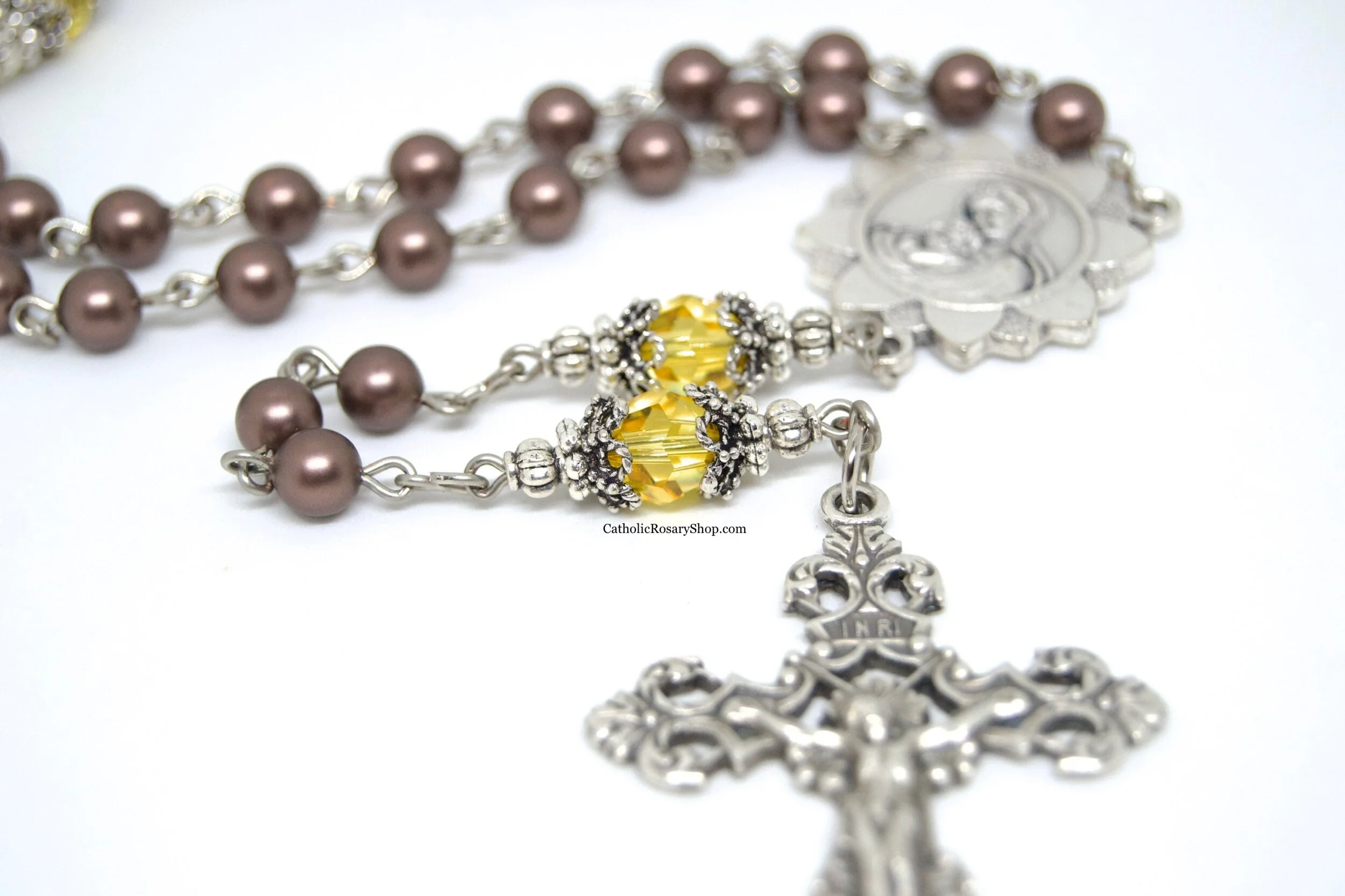 Sunflower Rosary In Brown Pearls and Yellow Crystal Beads