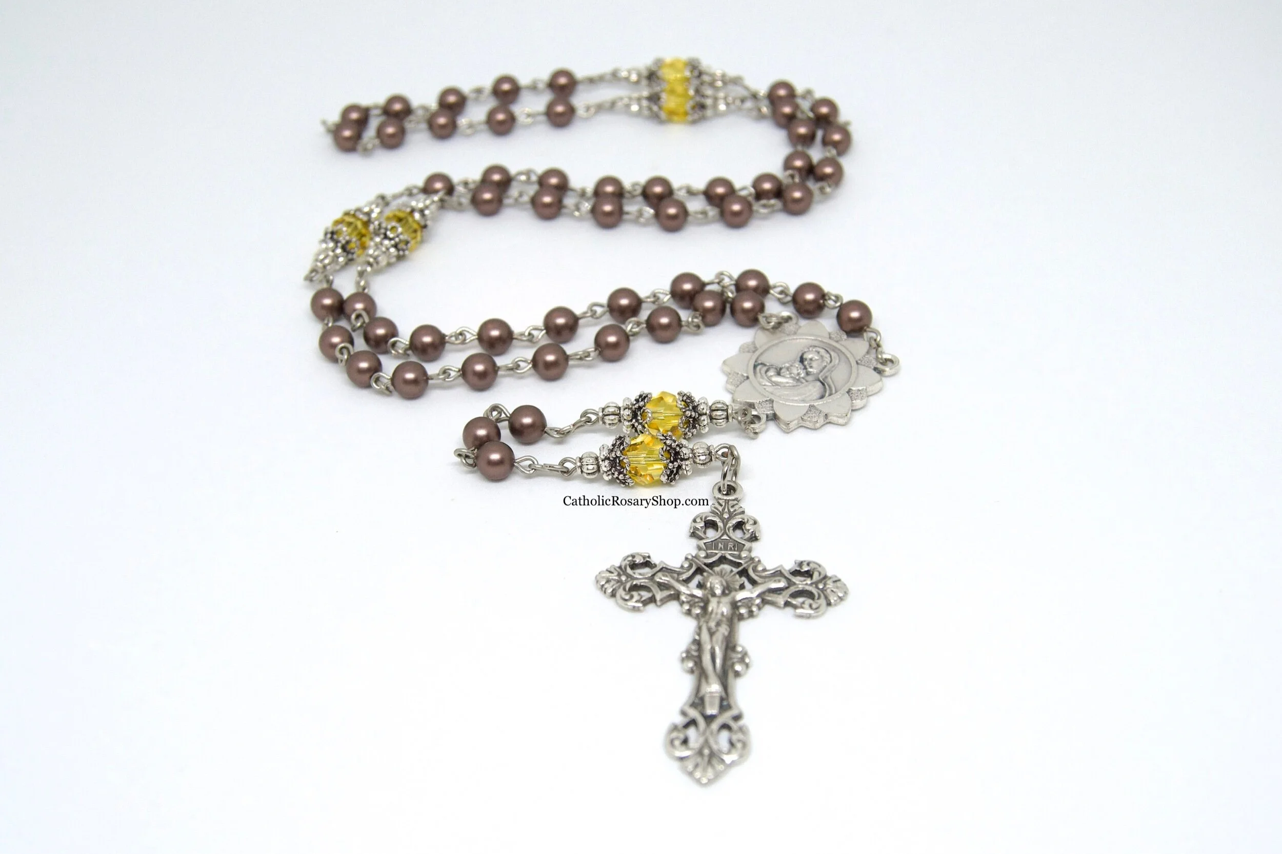 Sunflower Rosary in Brown Pearls and Yellow Crystal Beads | Personalized Sunflower Gifts | Personalized Rosary Gifts