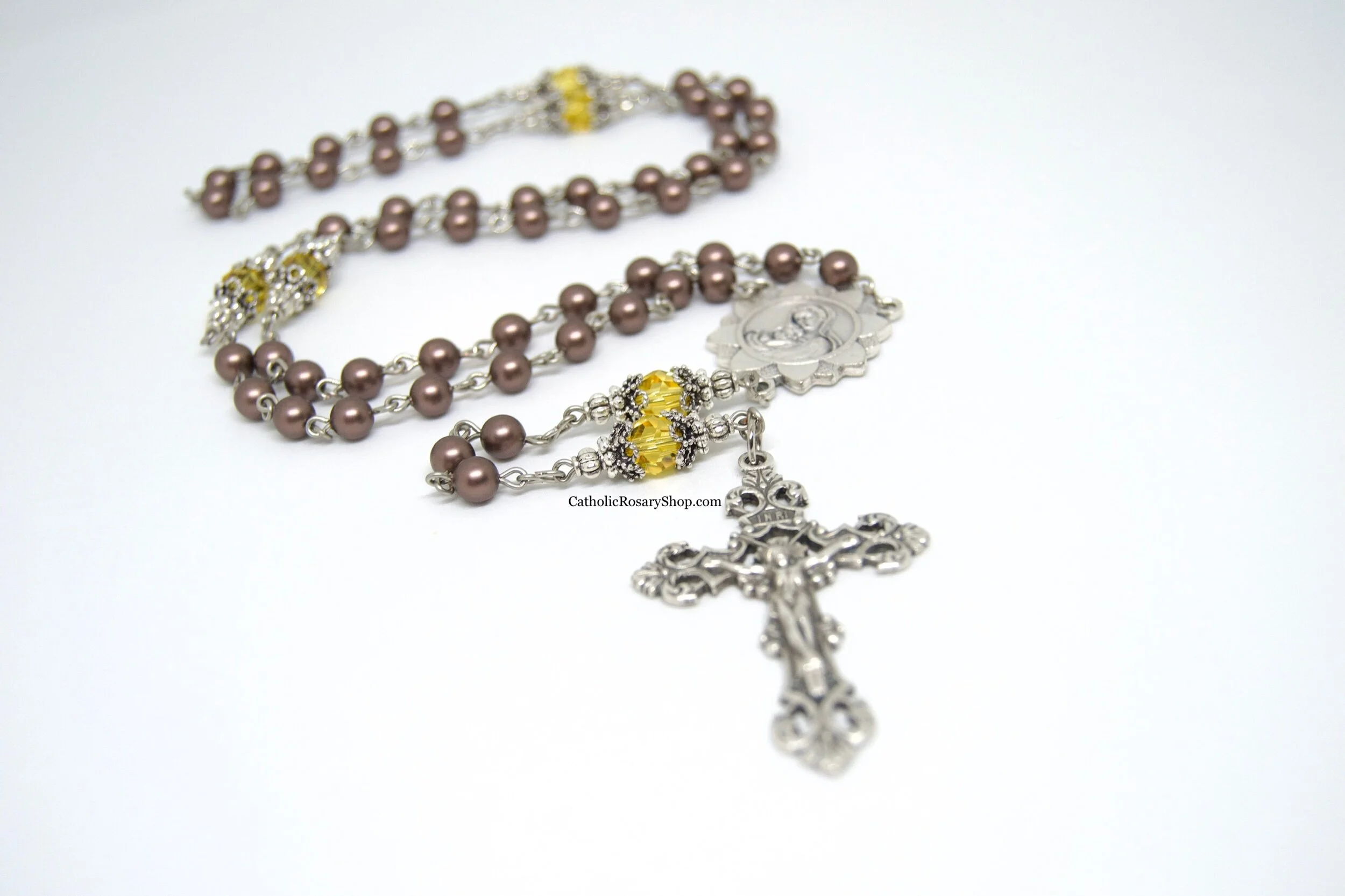 Sunflower Rosary in Brown Pearls and Yellow Crystal Beads | Personalized Sunflower Gifts | Personalized Rosary Gifts
