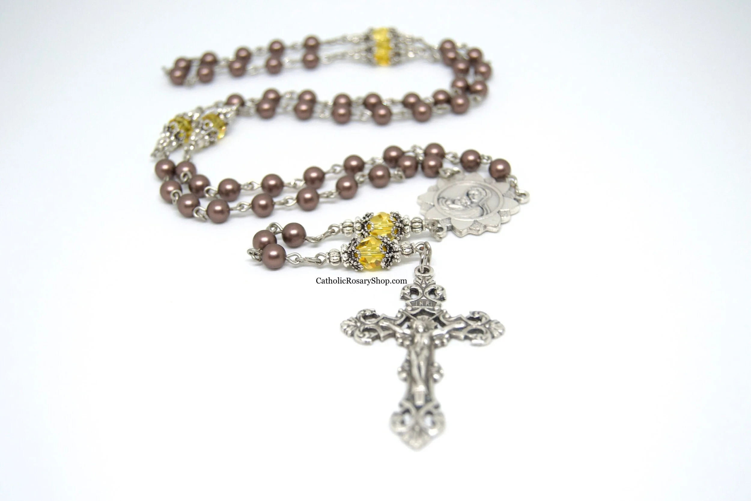 Sunflower Rosary in Brown Pearls and Yellow Crystal Beads | Personalized Sunflower Gifts | Personalized Rosary Gifts
