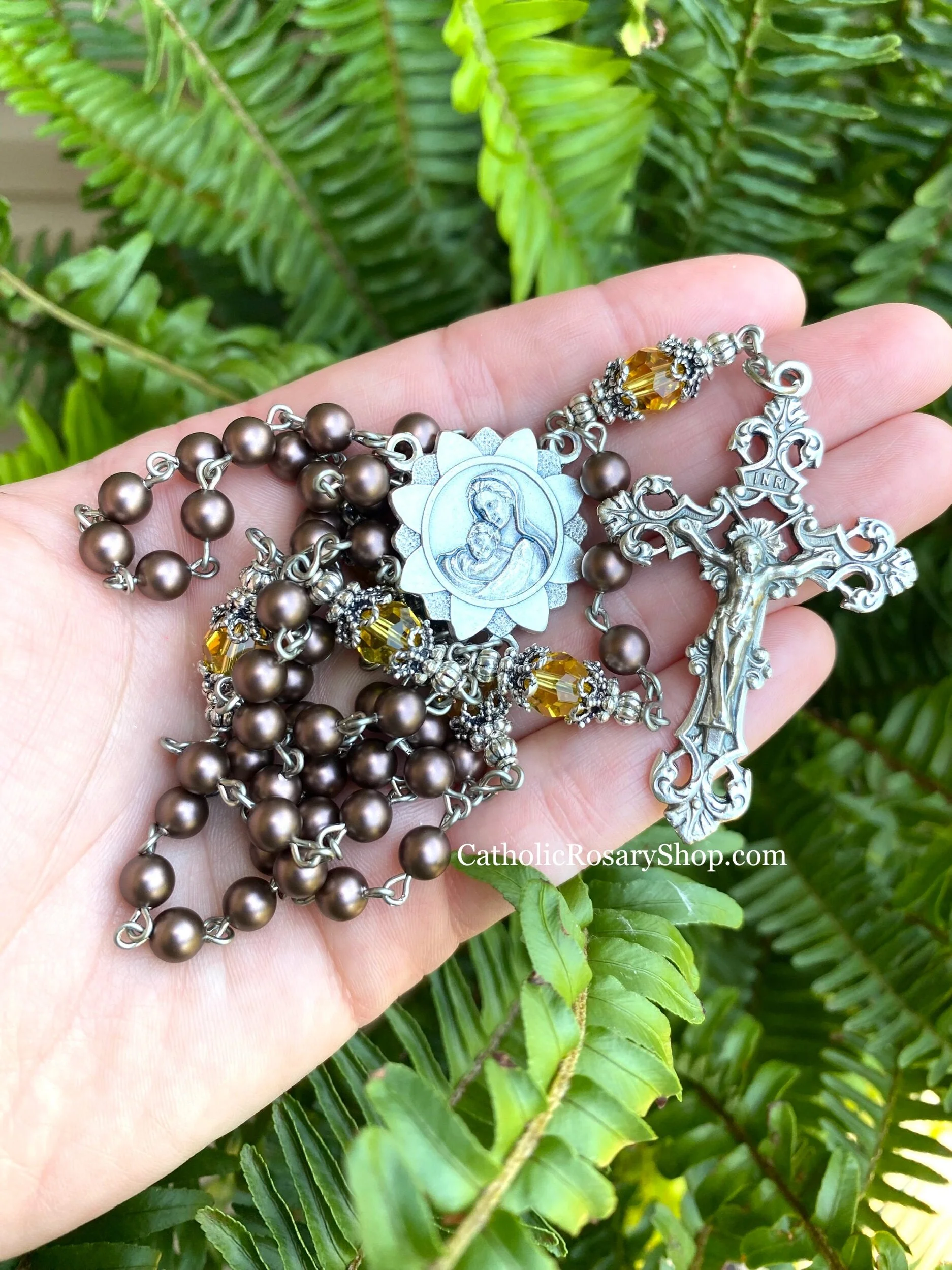 Sunflower Rosary in Brown Pearls and Yellow Crystal Beads | Personalized Sunflower Gifts | Personalized Rosary Gifts