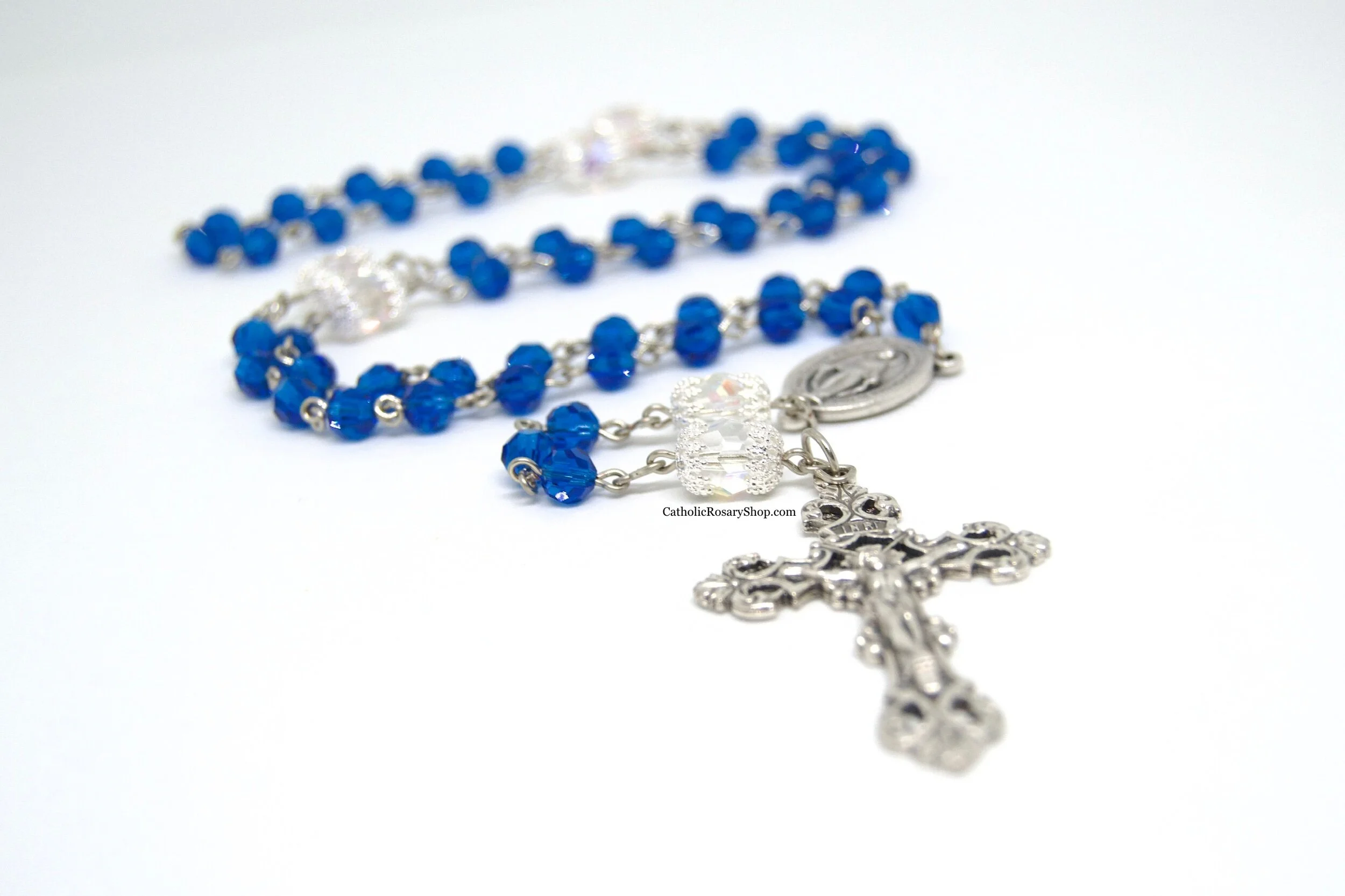 Capri Blue and Sparkling Crystal Clear Rosary | Czech Glass Rosary | Personalized Rosary for Women and Girls