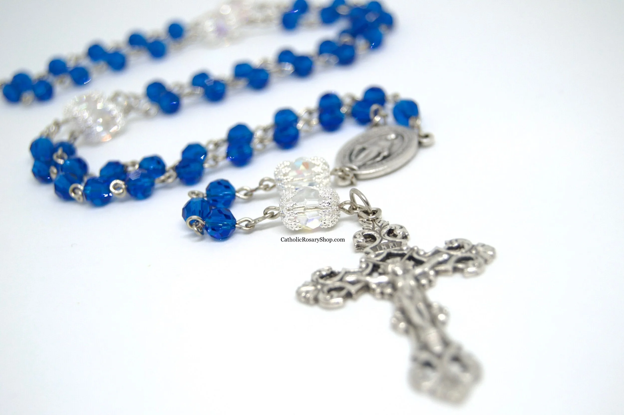 Capri Blue and Sparkling Crystal Clear Rosary | Czech Glass Rosary | Personalized Rosary for Women and Girls