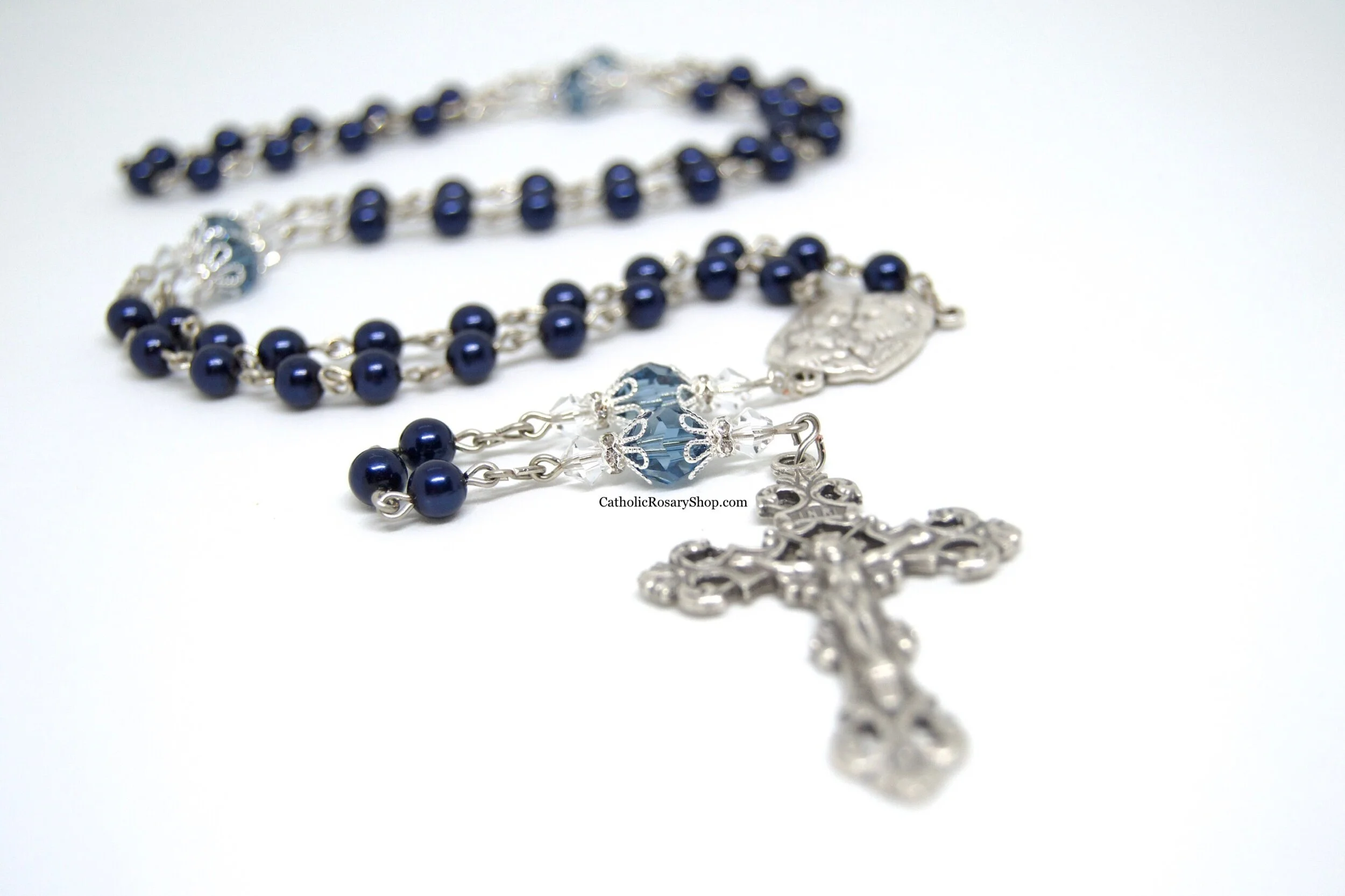 Denim Blue Pearl and Crystal Rosary | Something Blue Rosary Gifts | Wedding Rosary Gifts
