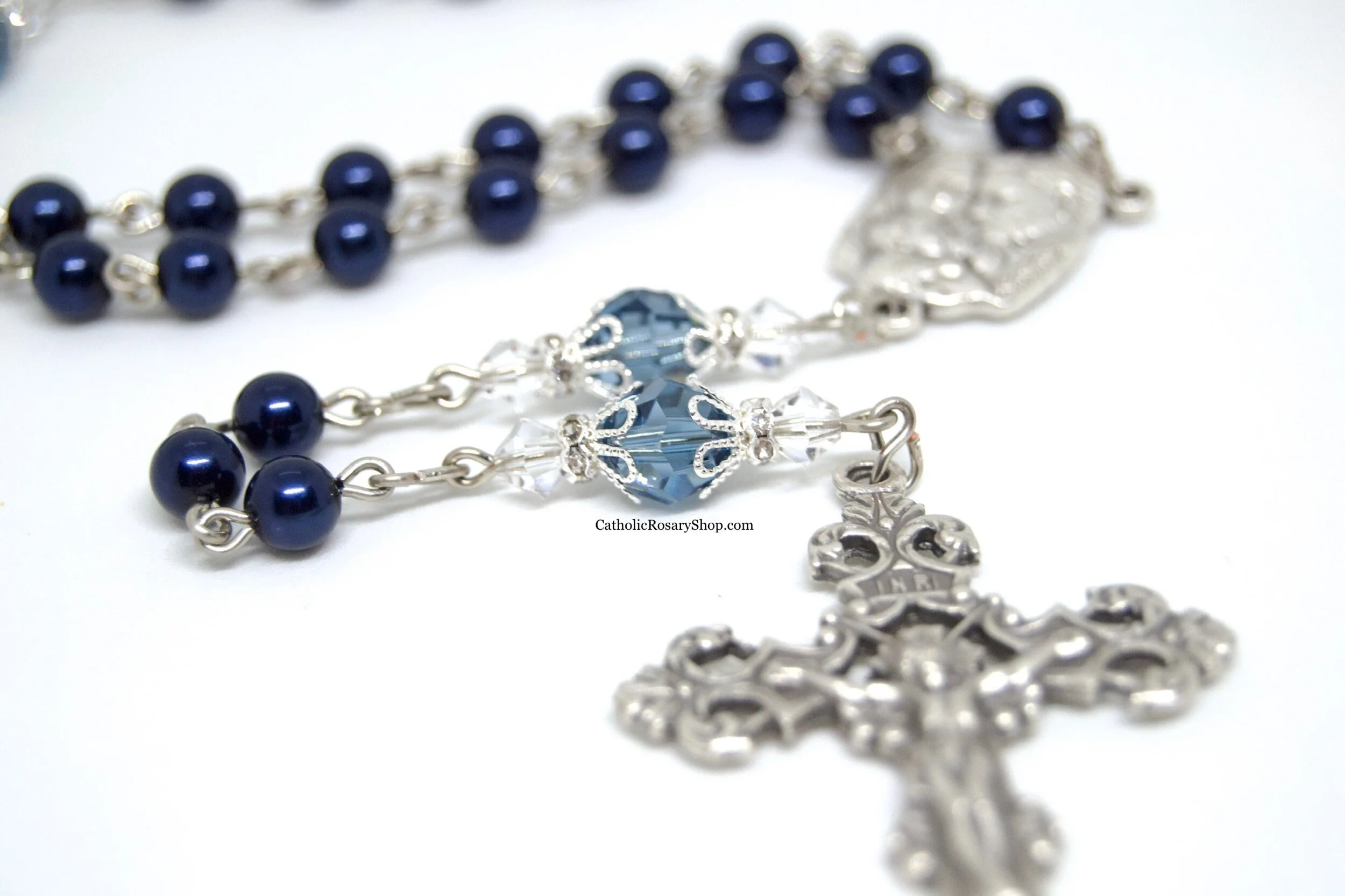 Denim Blue Pearl and Crystal Rosary