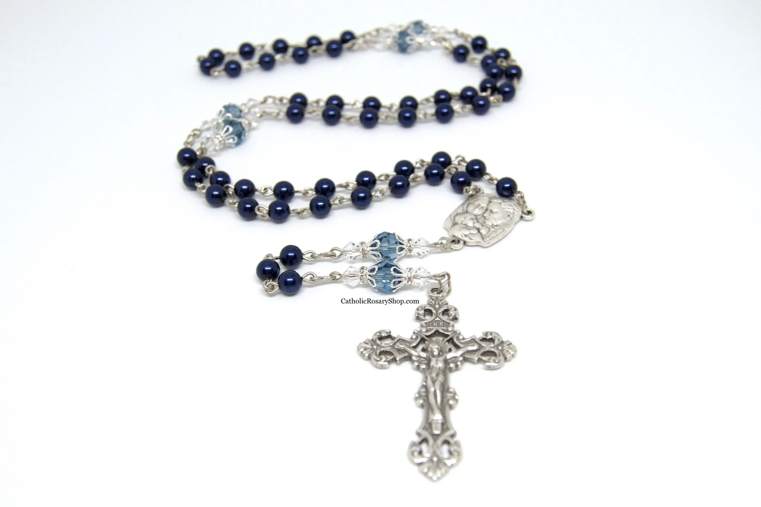 Denim Blue Pearl and Crystal Rosary | Something Blue Rosary Gifts | Wedding Rosary Gifts