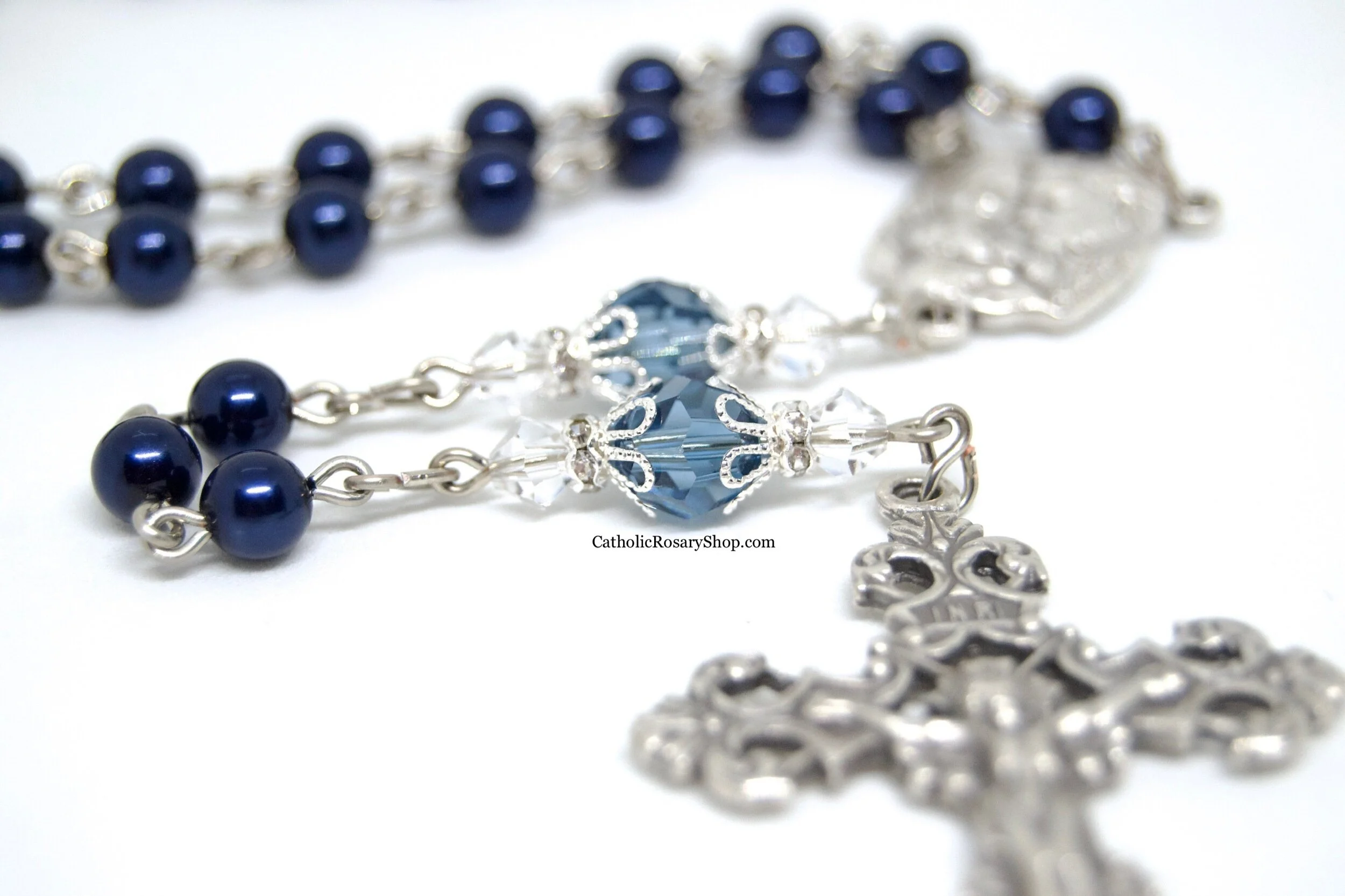 Denim Blue Pearl and Crystal Rosary | Something Blue Rosary Gifts | Wedding Rosary Gifts