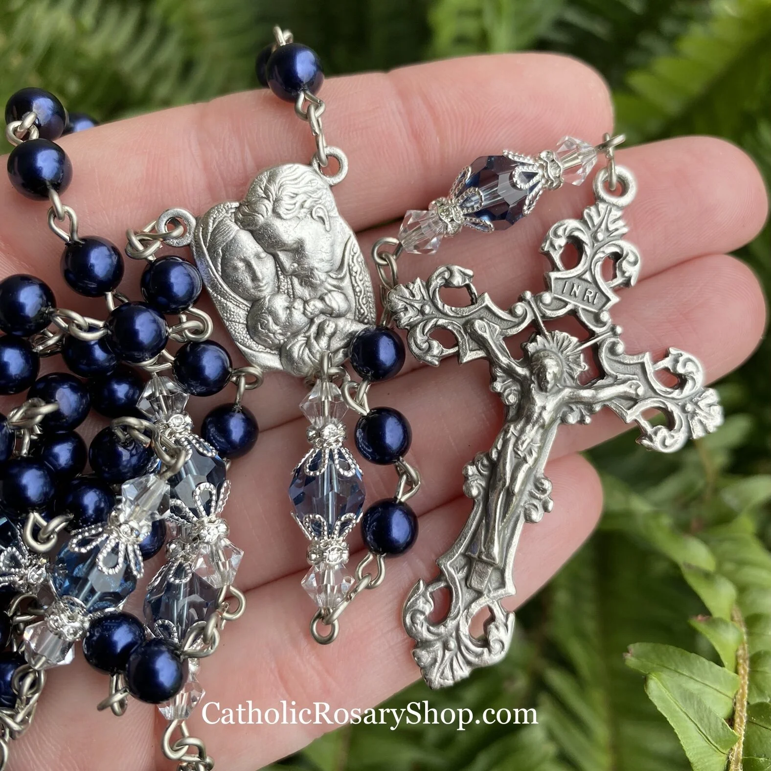 Denim Blue Pearl and Crystal Rosary | Something Blue Rosary Gifts | Wedding Rosary Gifts