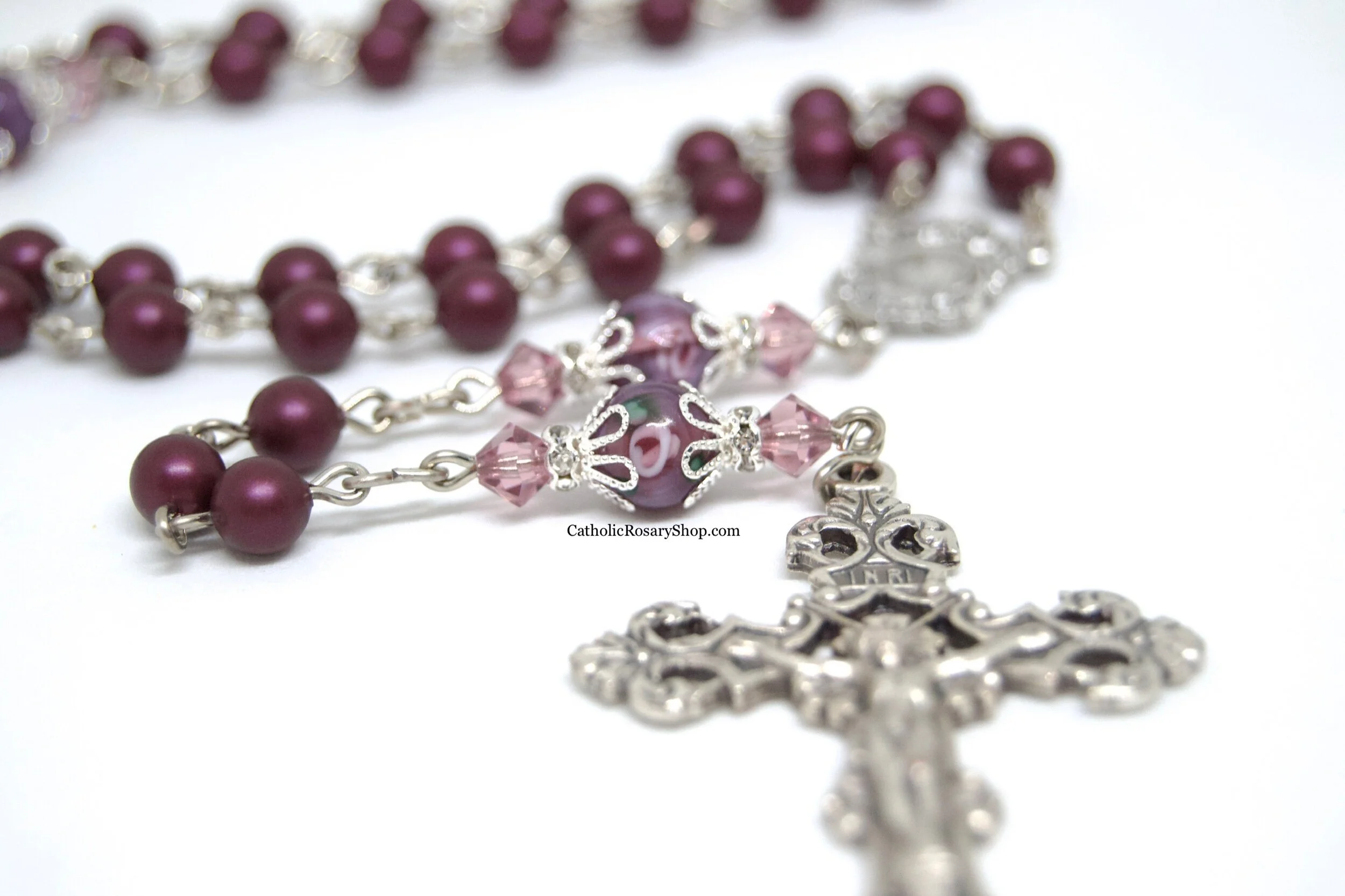 Dark Purple Pearl and Floral Crystal Rosary