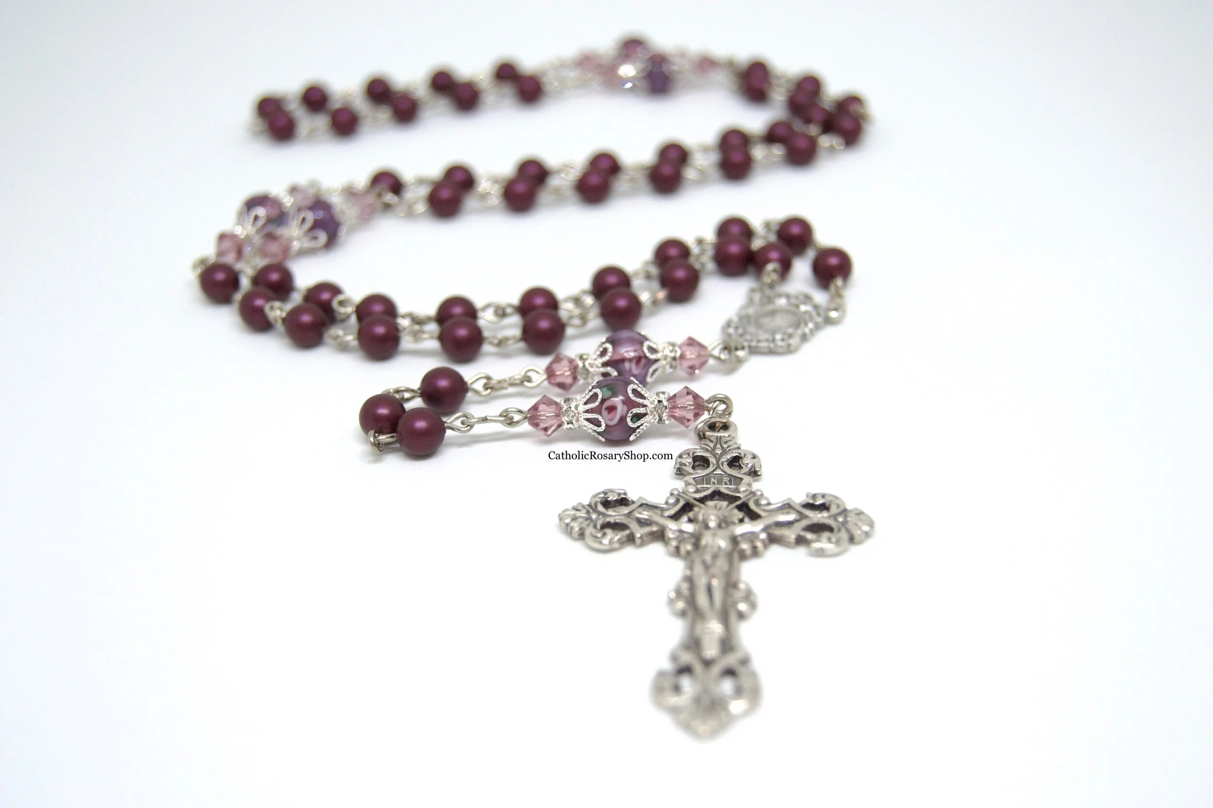 Dark Purple Pearl and Floral Crystal Rosary | Personalized Rosary Gifts for Mom | Mother's Day Rosary