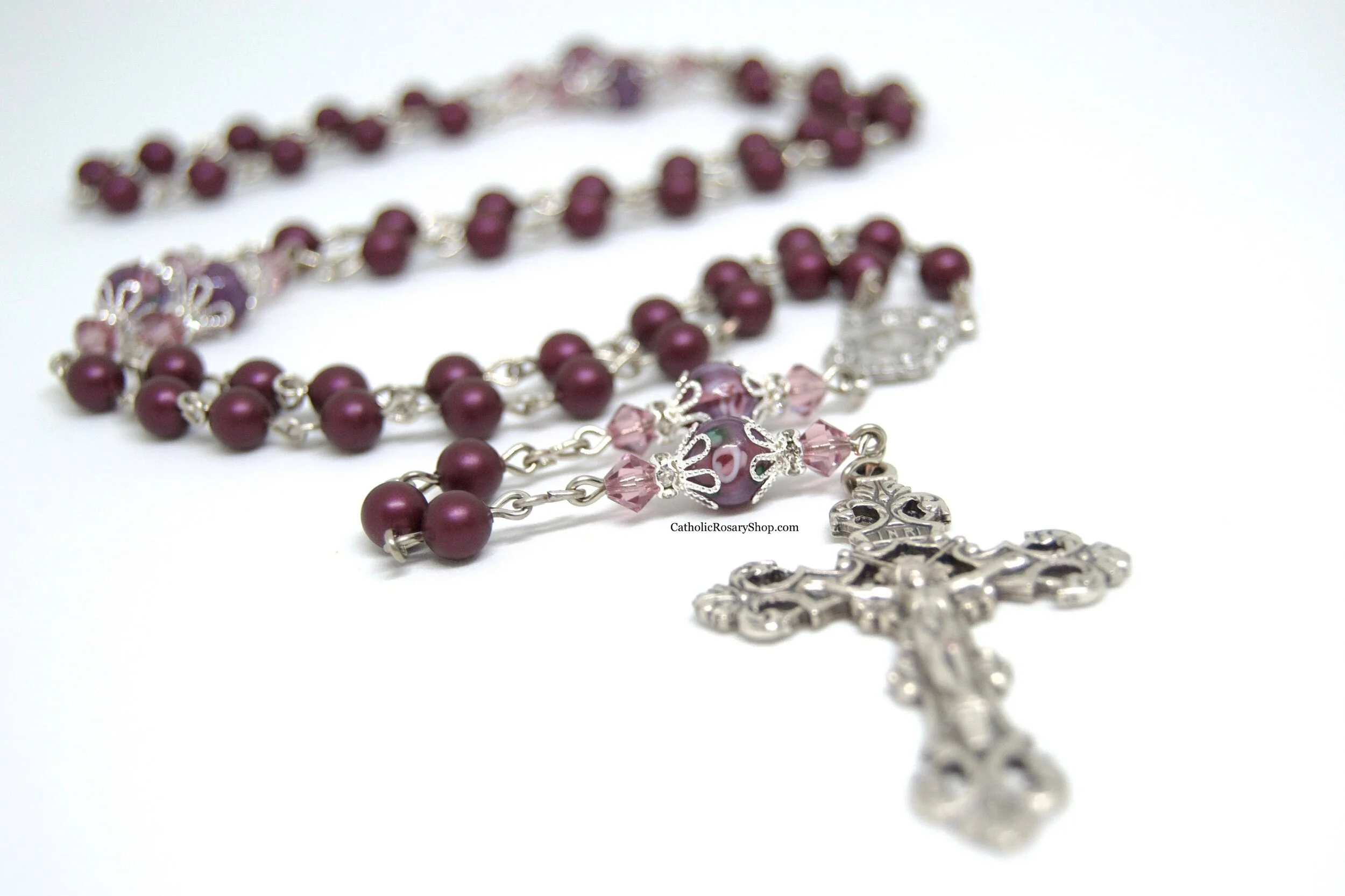 Dark Purple Pearl and Floral Crystal Rosary | Personalized Rosary Gifts for Mom | Mother's Day Rosary