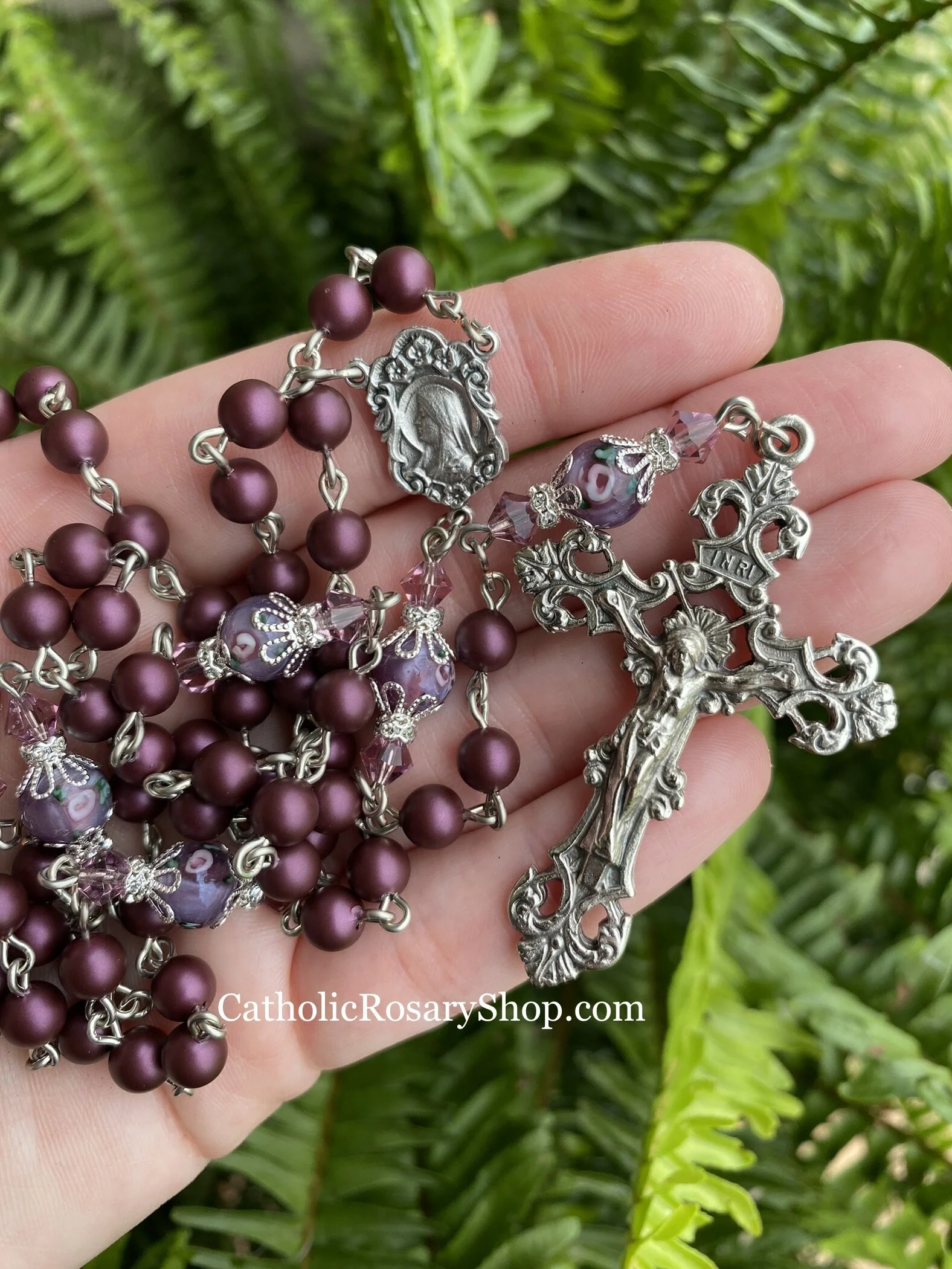 Dark Purple Pearl and Floral Crystal Rosary | Personalized Rosary Gifts for Mom | Mother's Day Rosary