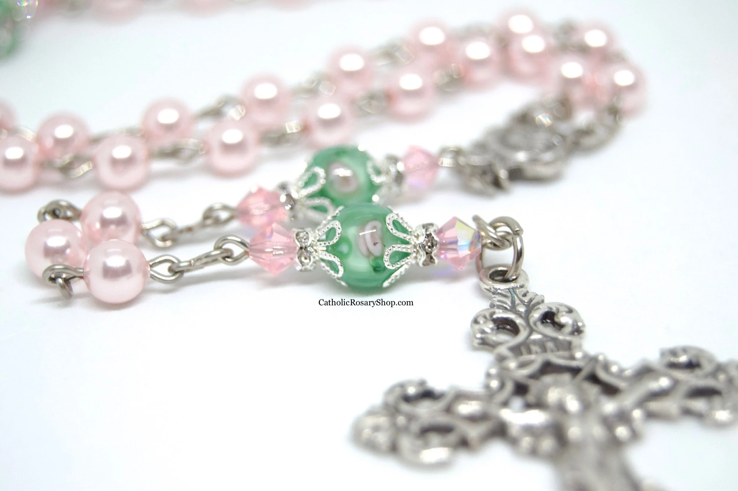 Pink Pearl and Floral Mint Glass Rosary