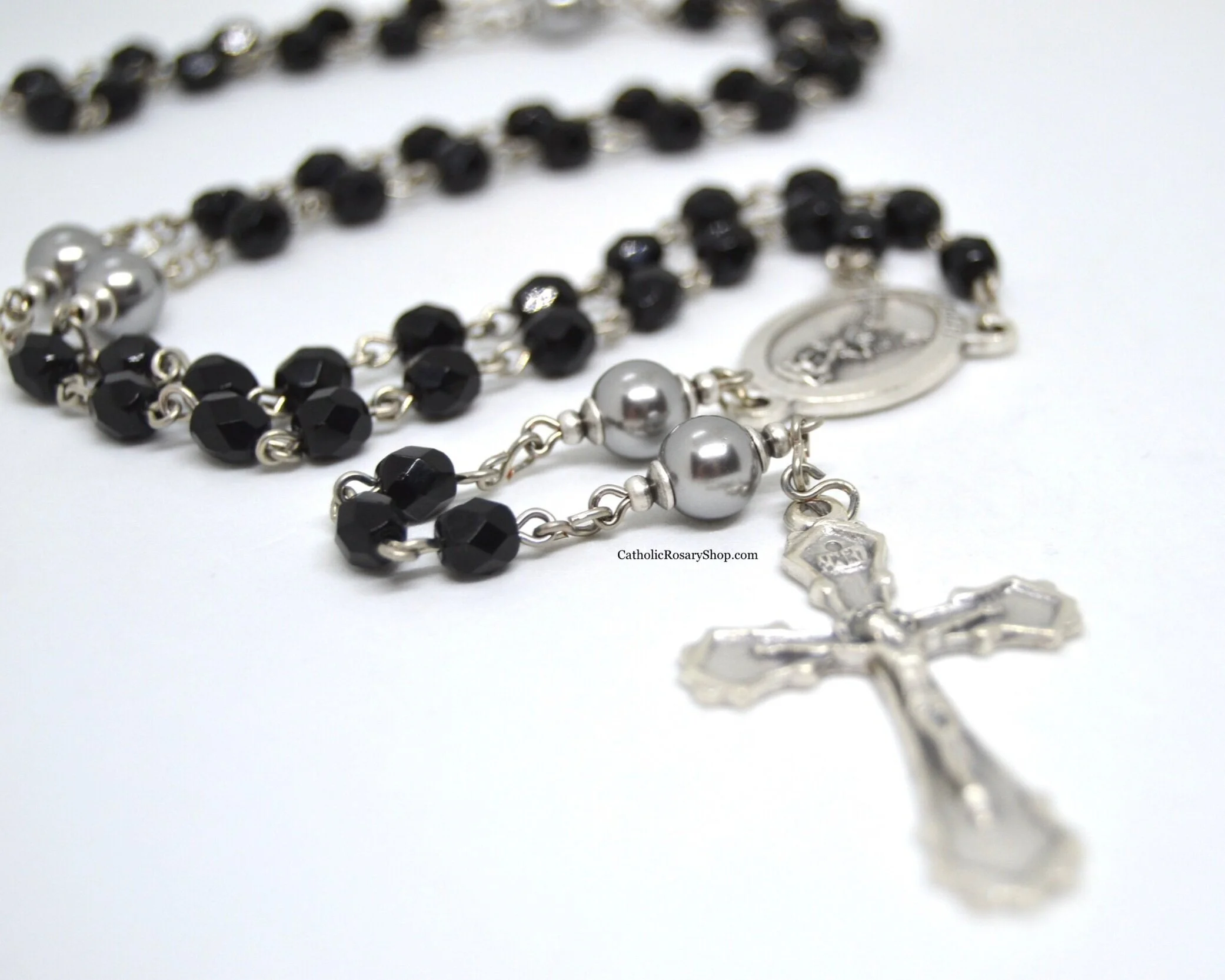 Black and Hematite Gray Czech Glass Rosary