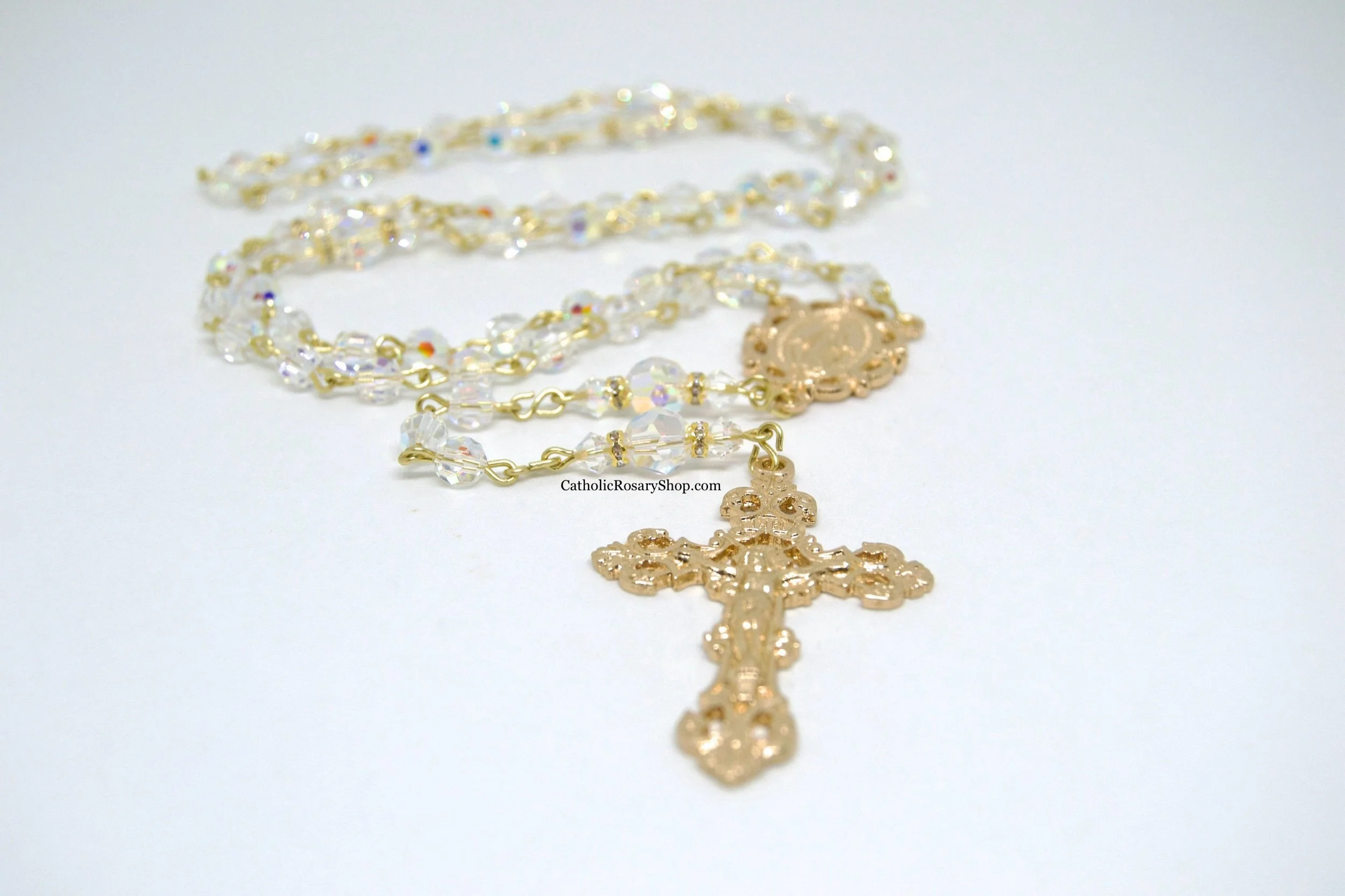Sparkling Crystal Clear Rosary embellished with Swarovski® Crystal Beads | Gold Toned Rosaries for Weddings and the Bride | CatholicRosaryShop.com