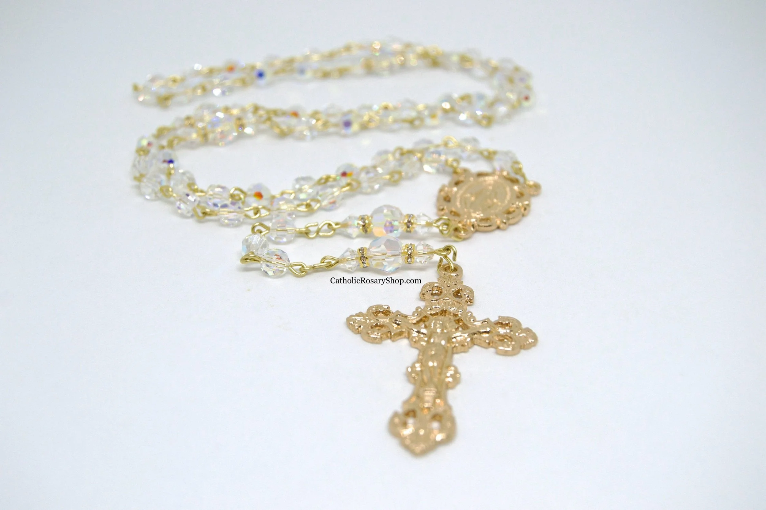 Sparkling Crystal Clear Rosary embellished with Swarovski® Crystal Beads | Gold Toned Rosaries for Weddings and the Bride | CatholicRosaryShop.com