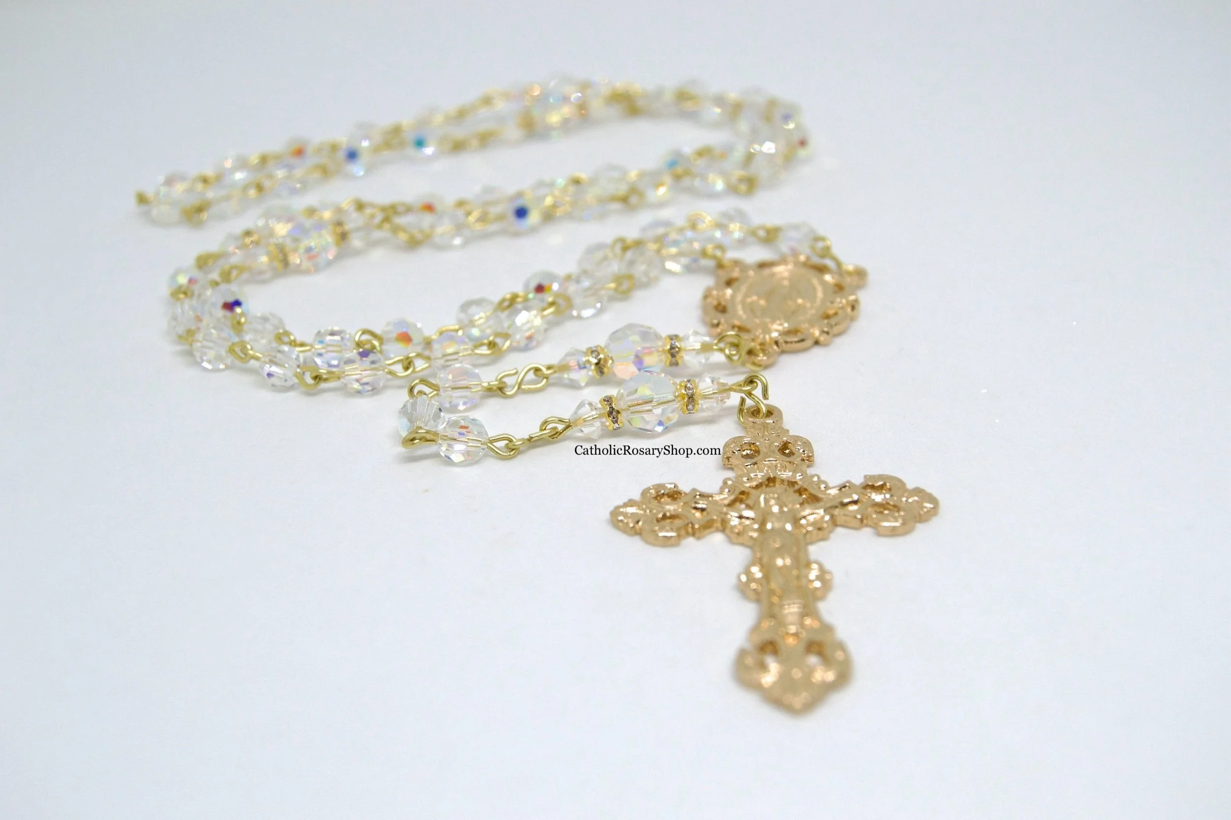 Sparkling Crystal Clear Rosary embellished with Swarovski® Crystal Beads | Gold Toned Rosaries for Weddings and the Bride | CatholicRosaryShop.com