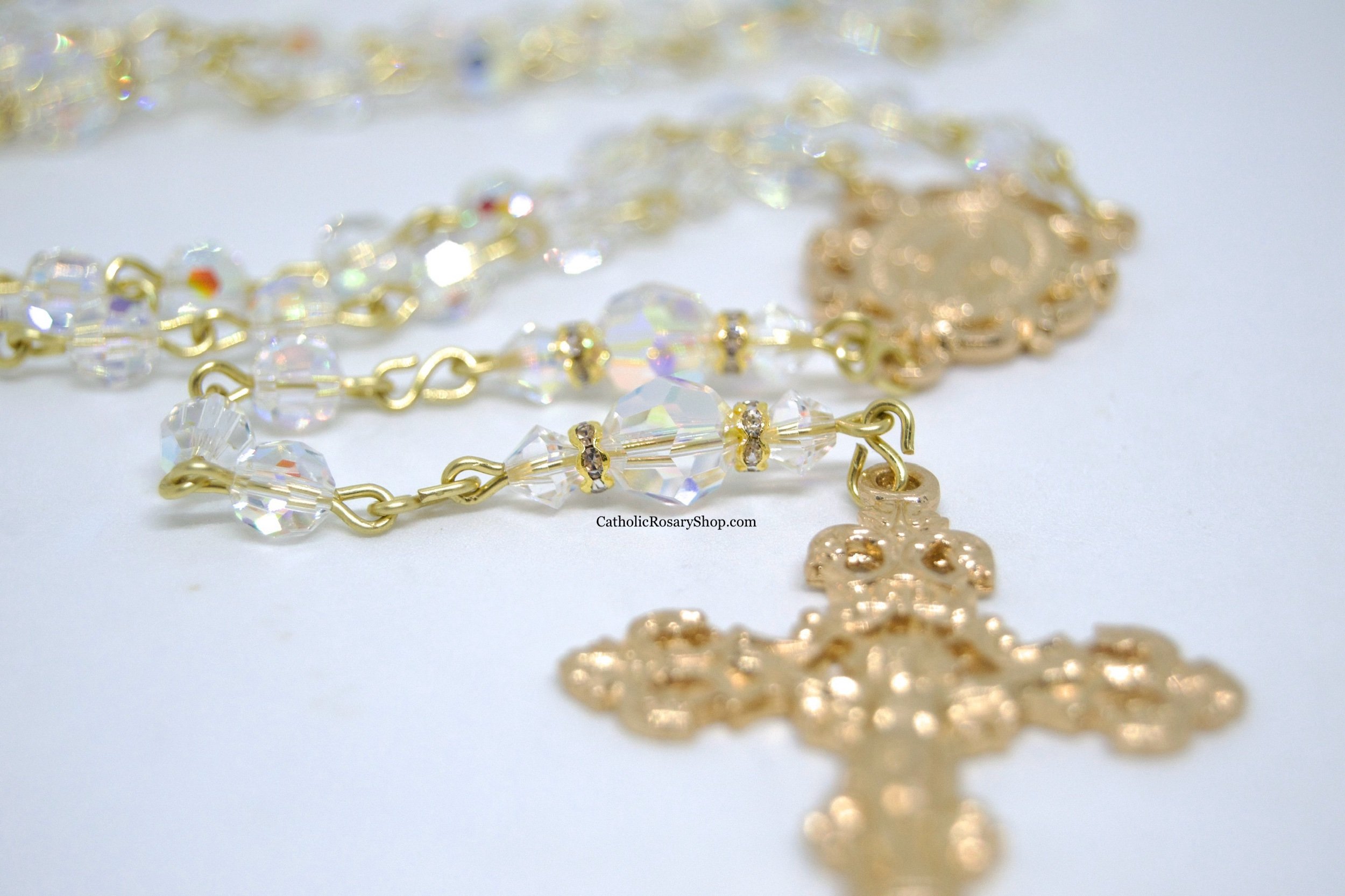 Sparkling Crystal Clear Rosary embellished with Swarovski® Crystal Beads | Gold Toned Rosaries for Weddings and the Bride | CatholicRosaryShop.com