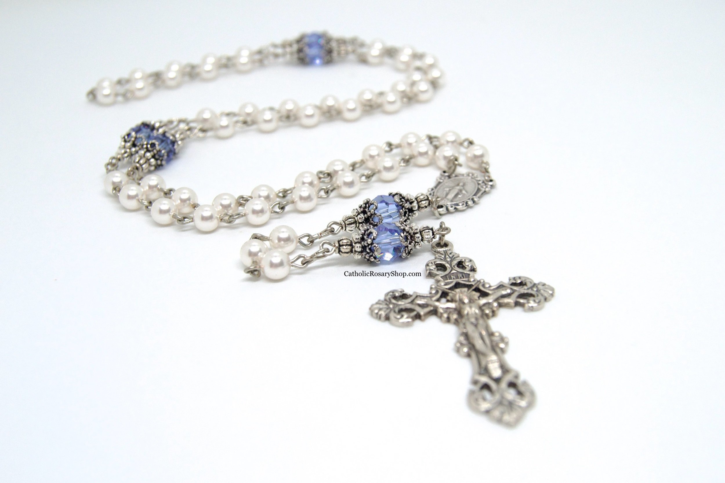 Alexandrite and White Pearl Rosary | June Birthstone Rosary Gifts | Personalized Rosary for Baptism, First Communion and Confirmation | CatholicRosaryShop.com