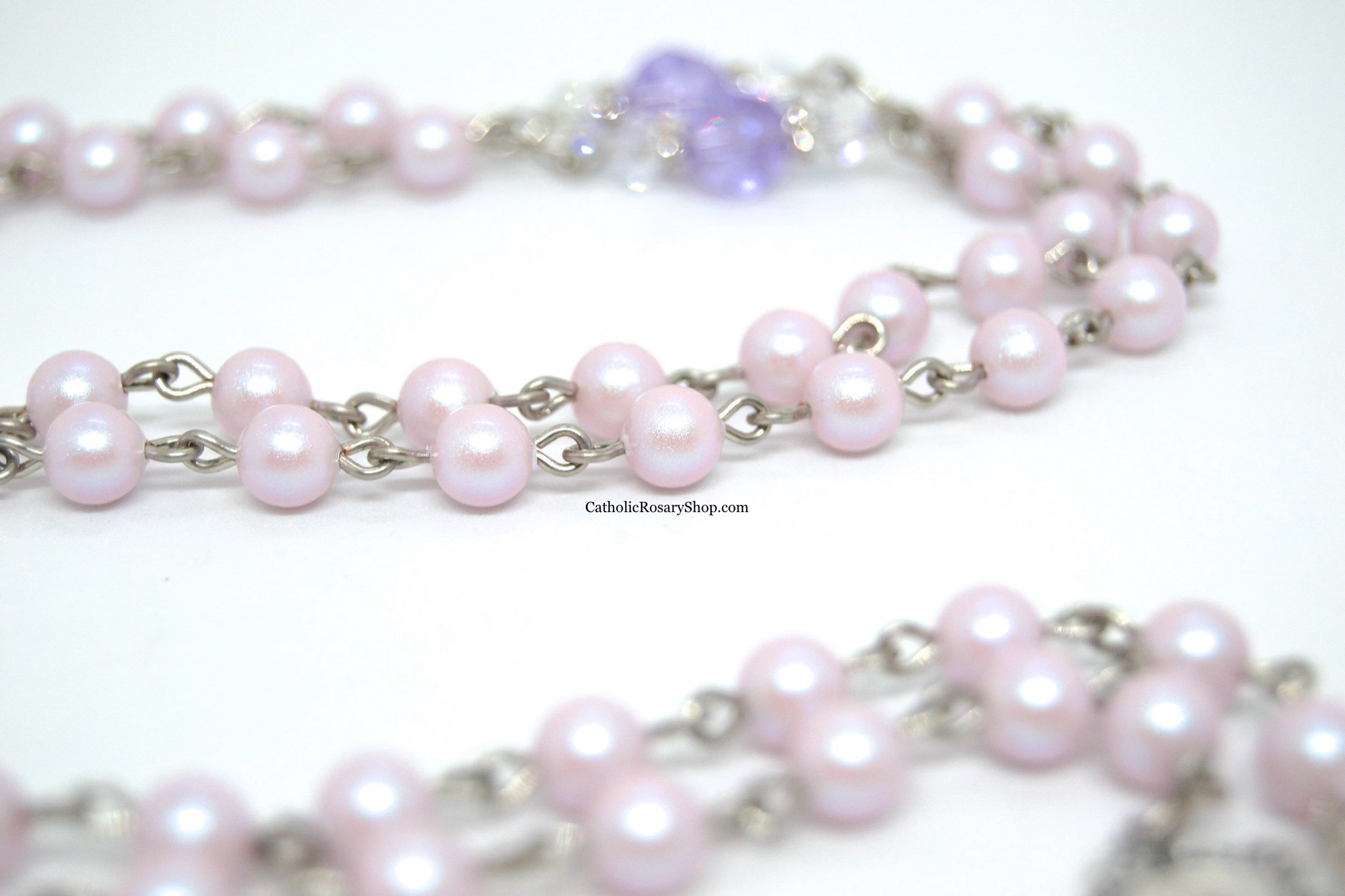 Shimmering Pink Pearl and Violet Crystal Rosary for Women and Girls | Personalized Rosary Gifts for Baby Girl's Baptism, First Communion and Confirmation | CatholicRosaryShop.com