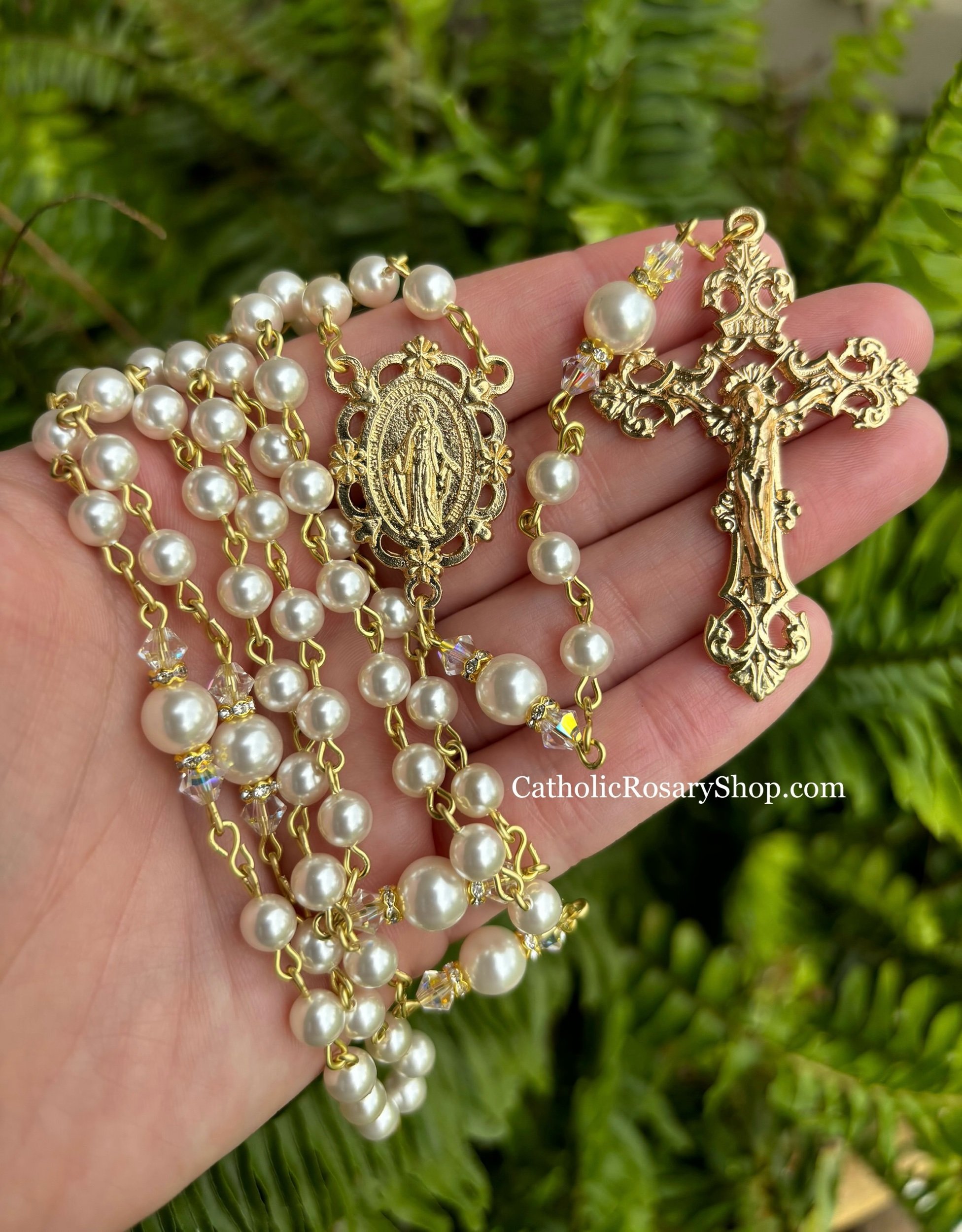 White Pearl Rosary embellished with Swarovski® Crystal Beads | Gold-toned Rosary
