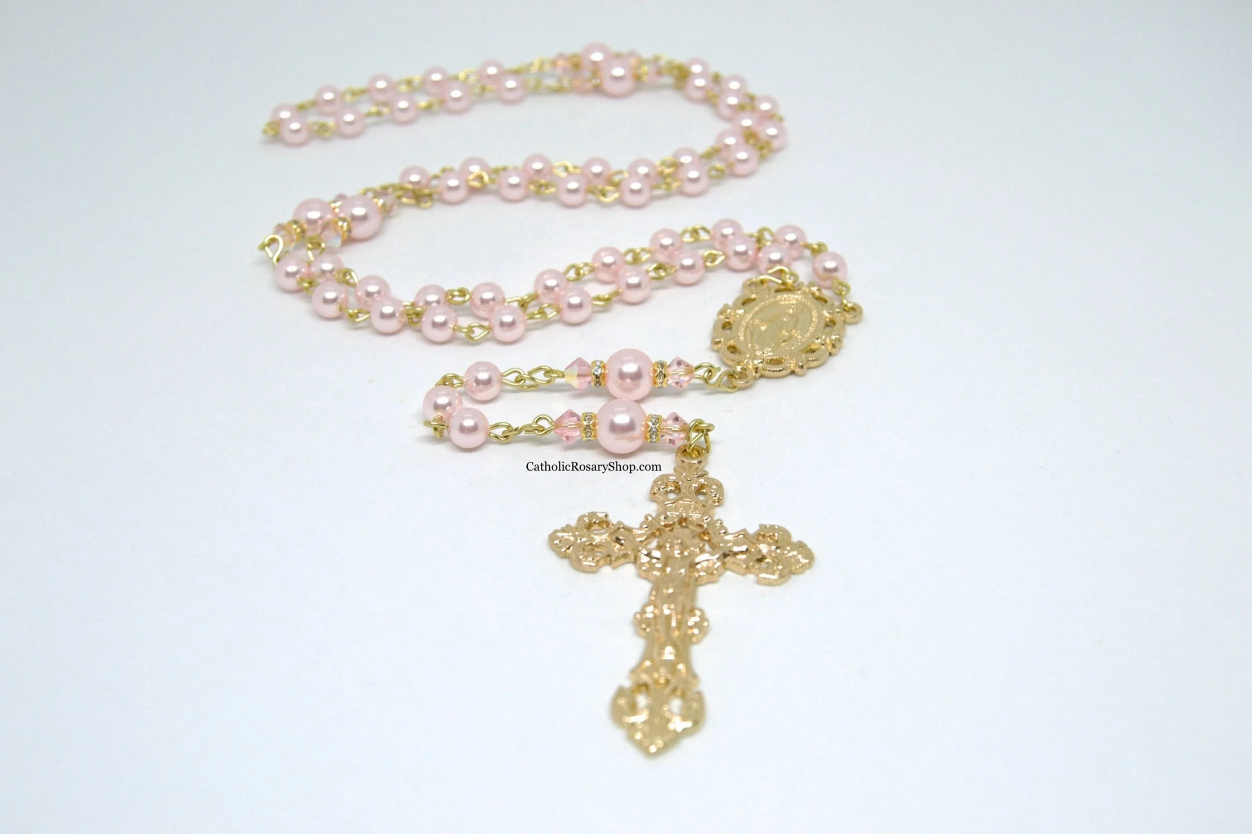 Soft Pink Pearl Rosary embellished with Swarovski® Crystal Pearls | Custom Rosaries for Quinceanera, Baptism or First Communion | CatholicRosaryShop.com