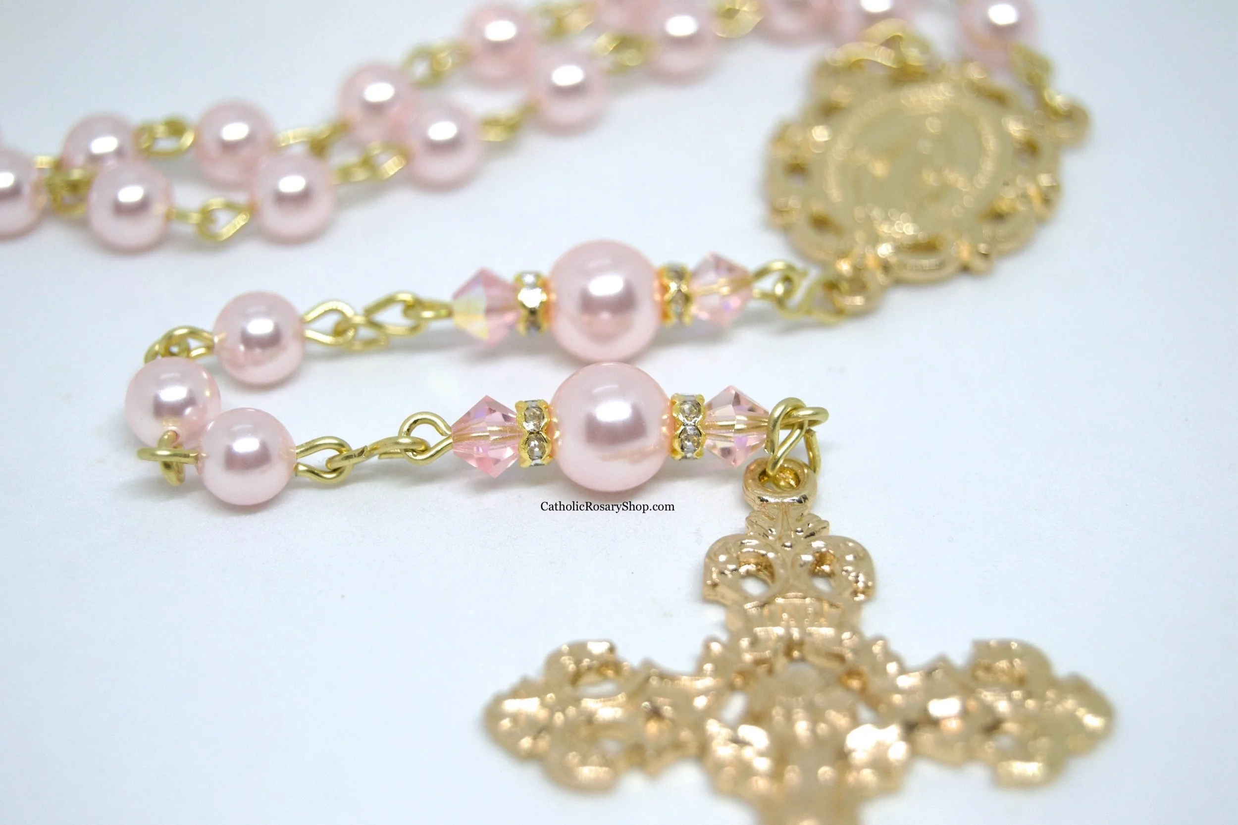 Soft Pink Pearl Rosary embellished with Swarovski® Crystal Pearls | Custom Rosaries for Quinceanera, Baptism or First Communion | CatholicRosaryShop.com