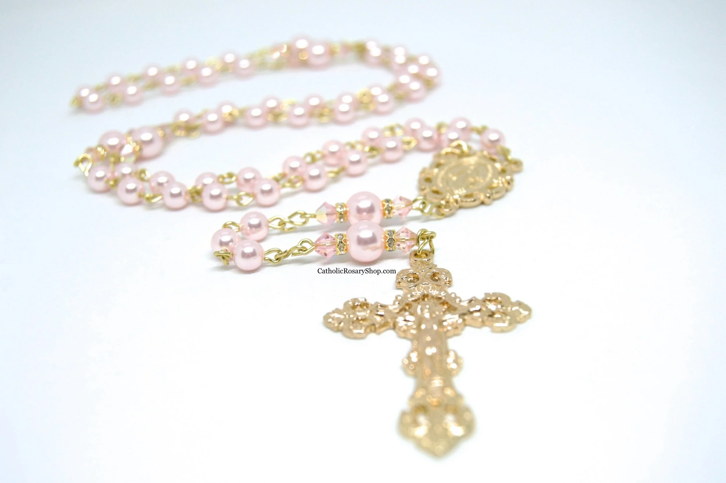 Soft Pink Pearl Rosary embellished with Swarovski® Crystal Beads | Gold-Toned Rosary