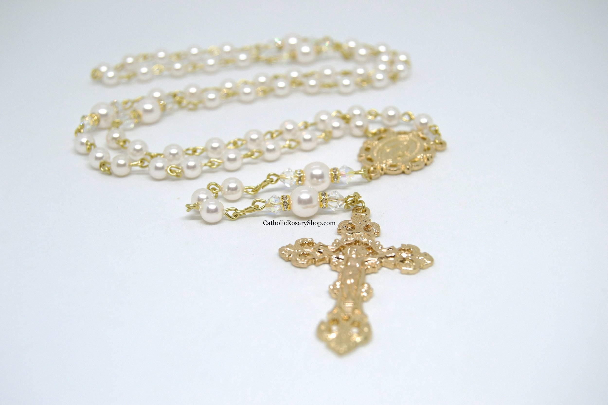 White Pearl Rosaries embellished with Swarovski® Crystal Beads | Gold-Toned Rosaries for Weddings and Quinceaneras | Rosaries for Women and Girls | CatholicRosaryShop.com