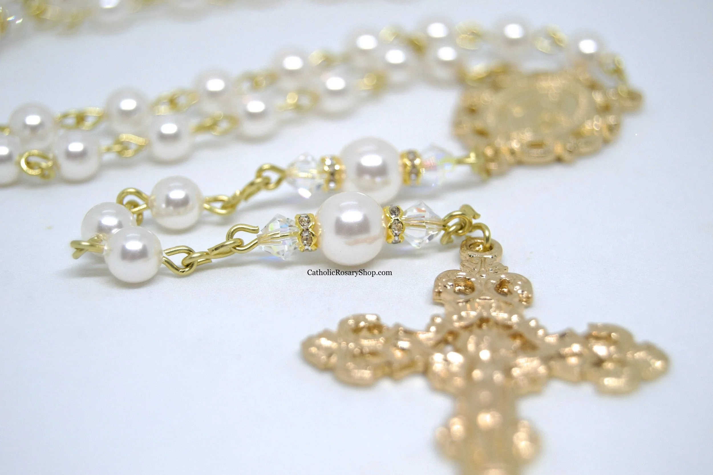 White Pearl Rosaries embellished with Swarovski® Crystal Beads | Gold-Toned Rosaries for Weddings and Quinceaneras | Rosaries for Women and Girls | CatholicRosaryShop.com